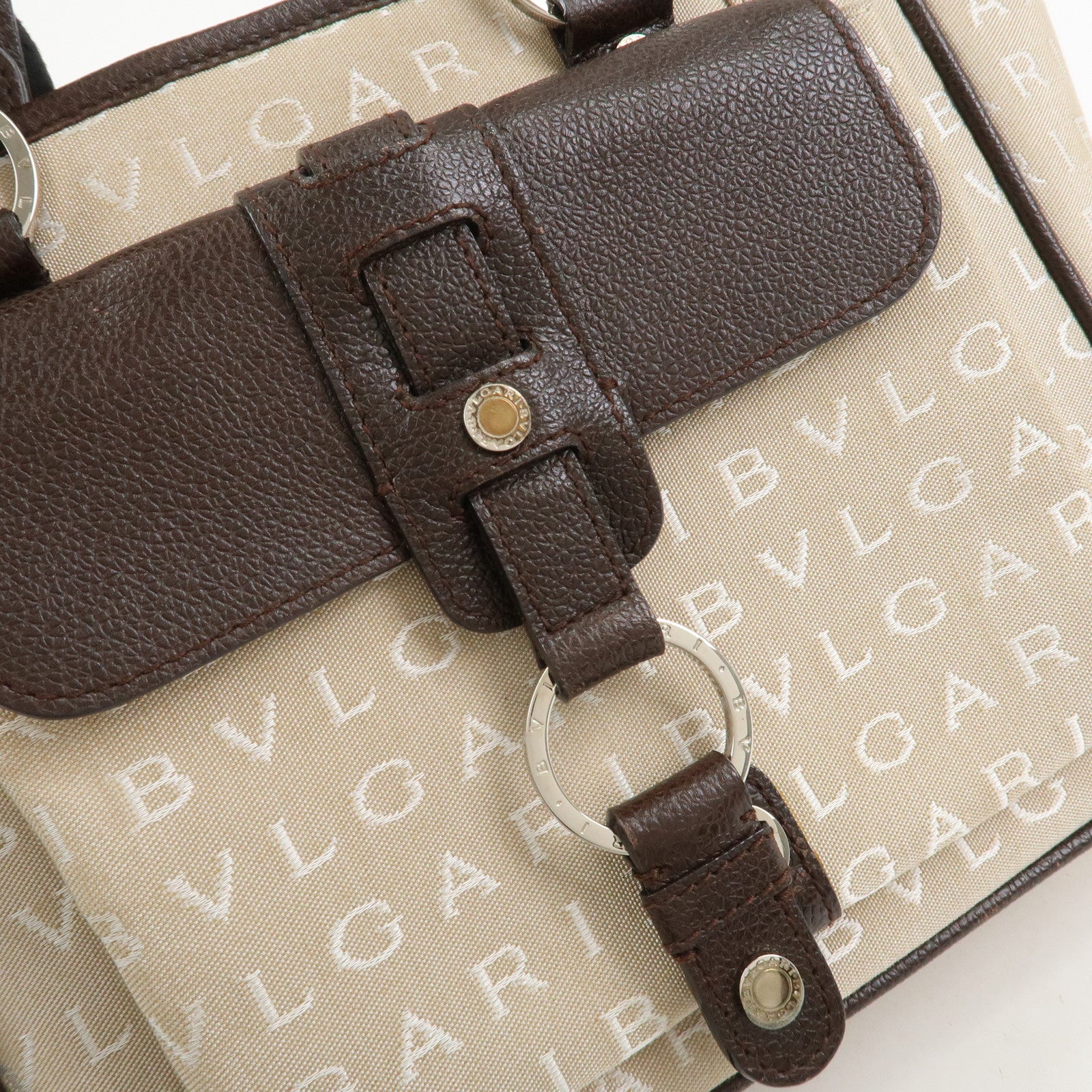 BVLGARI Logo Mania Canvas Leather Tote Bag Hand Bag Beige Brown