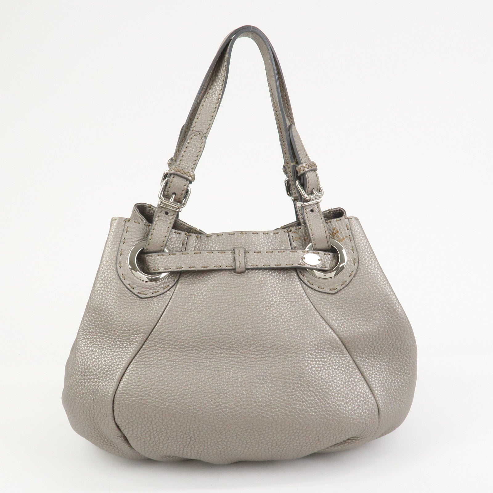 FENDI Selleria Leather Hand Bag Shoulder Bag Silver 8BR595