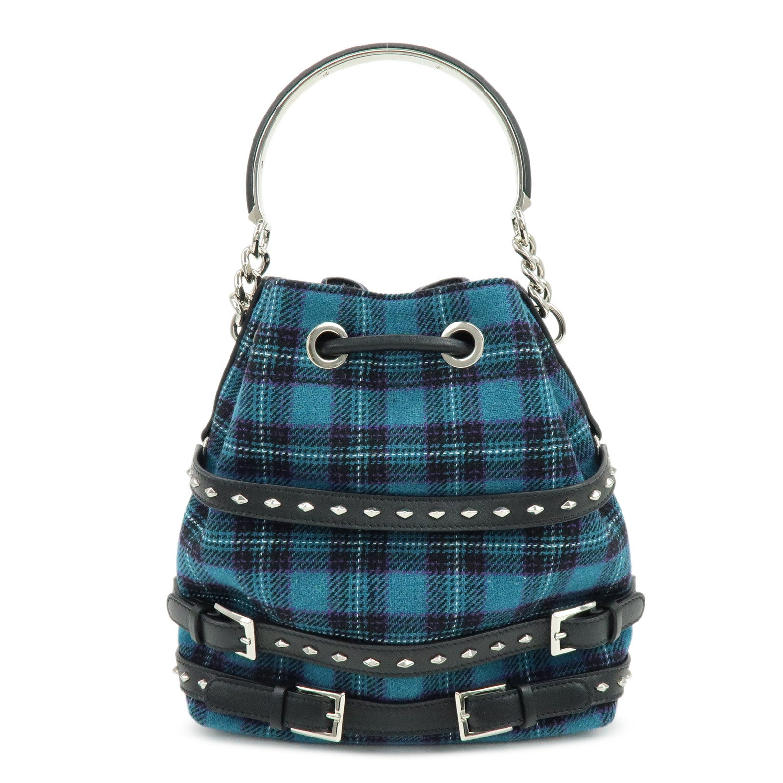 JIMMY CHOO Bonbon Bucket Canvas Leather 2Way Shoulder Bag Blue