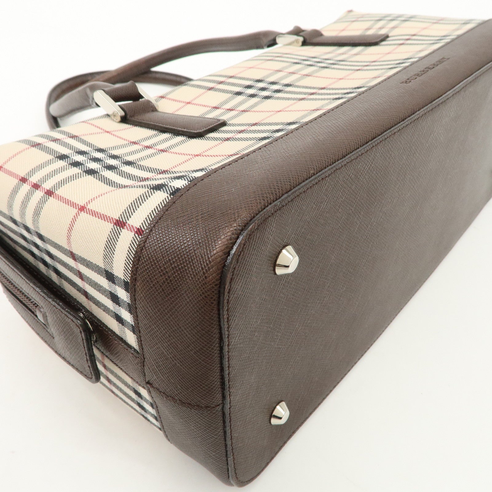 BURBERRY Leather Canvas Boston Bag Hand Bag Nova Plaid Brown Used