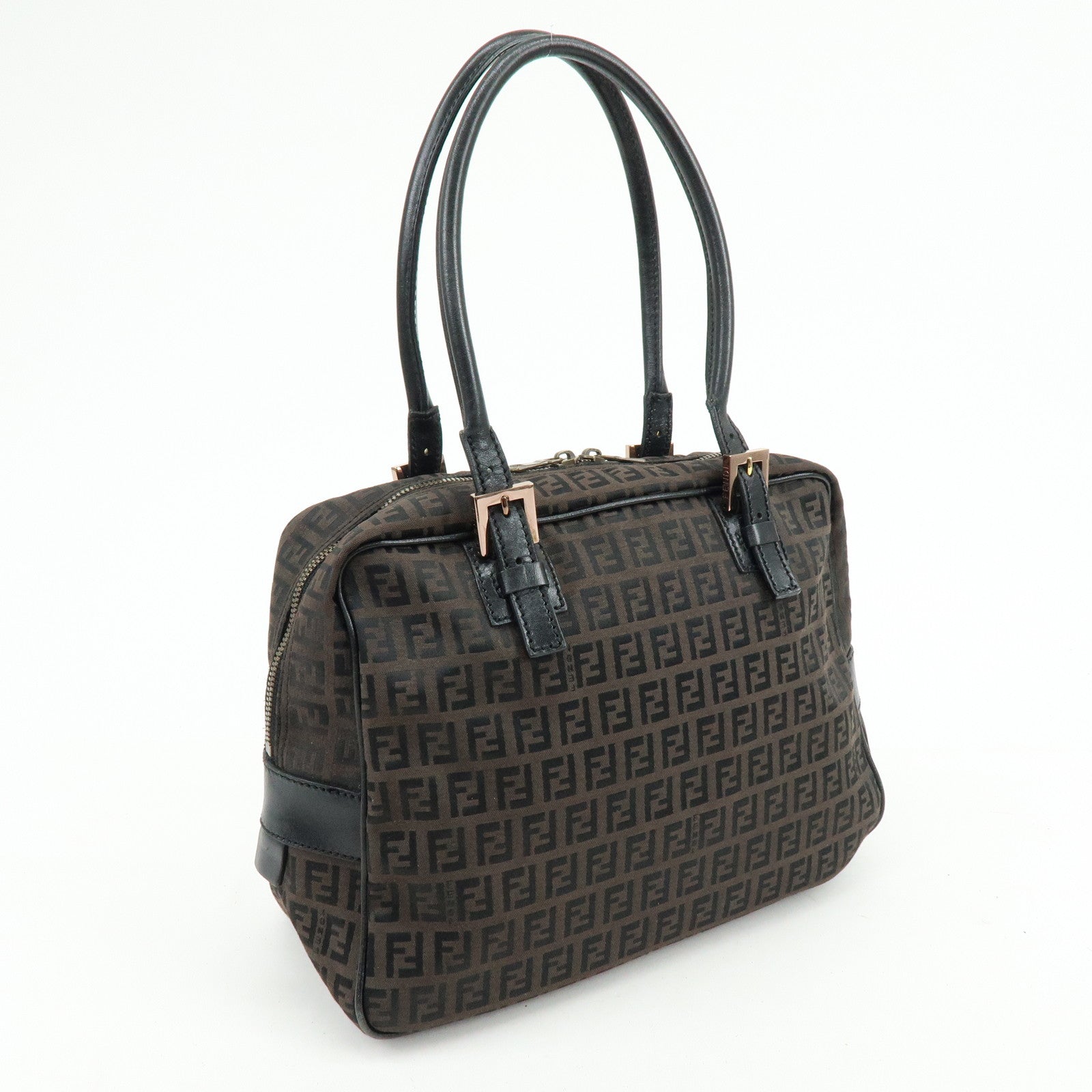 FENDI Zucchino Canvas Leather Hand Bag Boston Bag Brown 8BN005