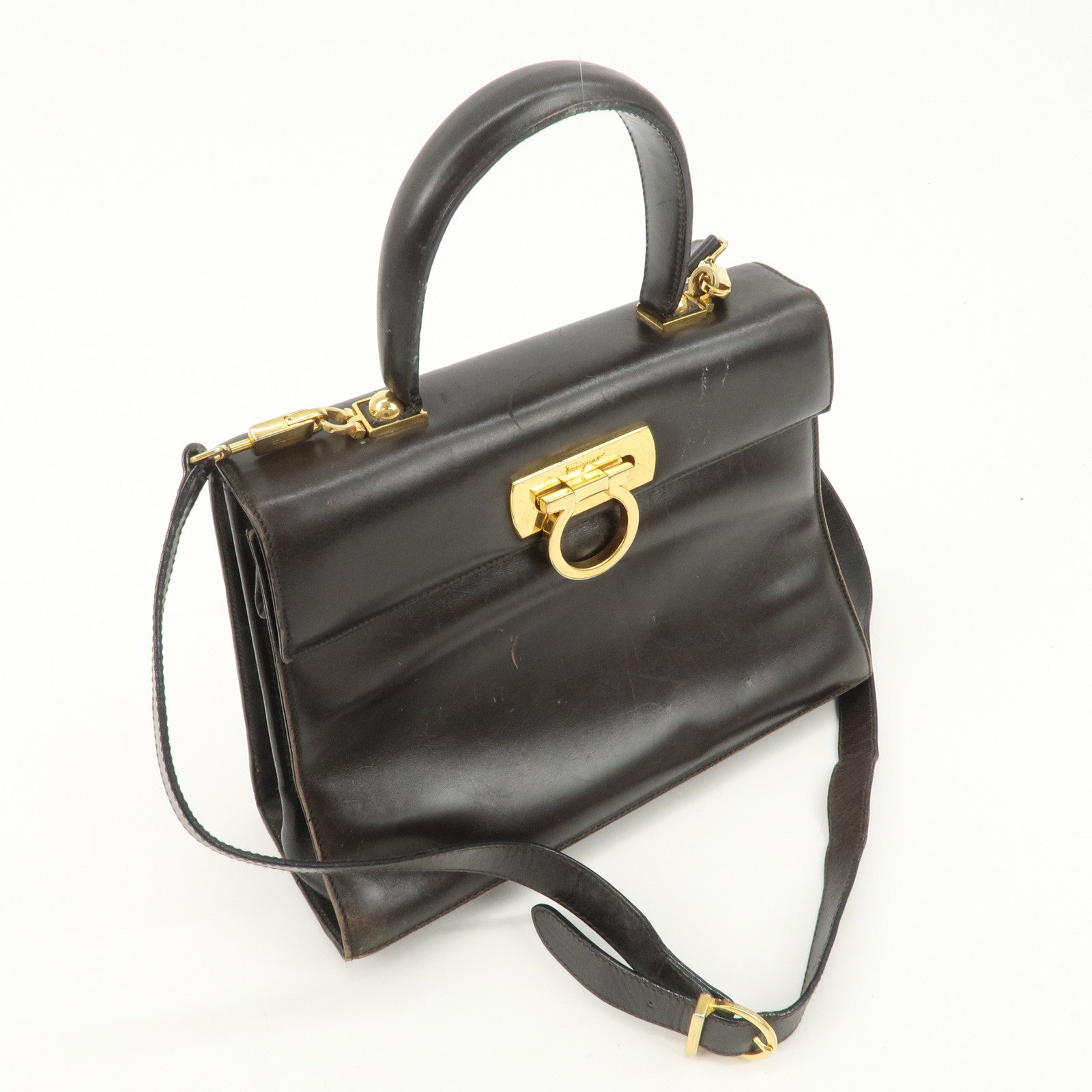 Ferragamo Gancini Leather 2Way Hand Bag Shoulder Bag Brown