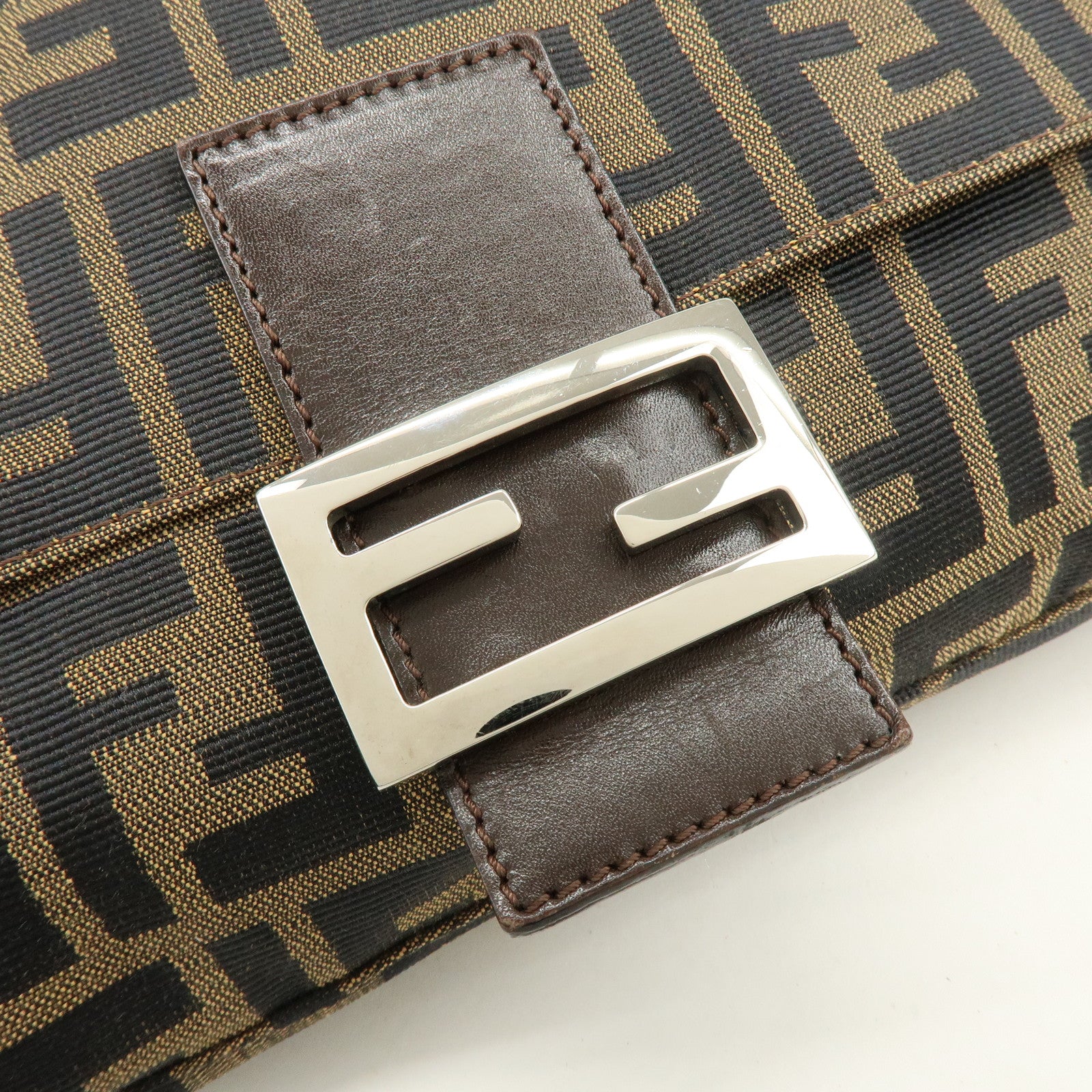 FENDI Mamma Baguette Zucca Canvas Leather Shoulder Bag Brown 8BR000