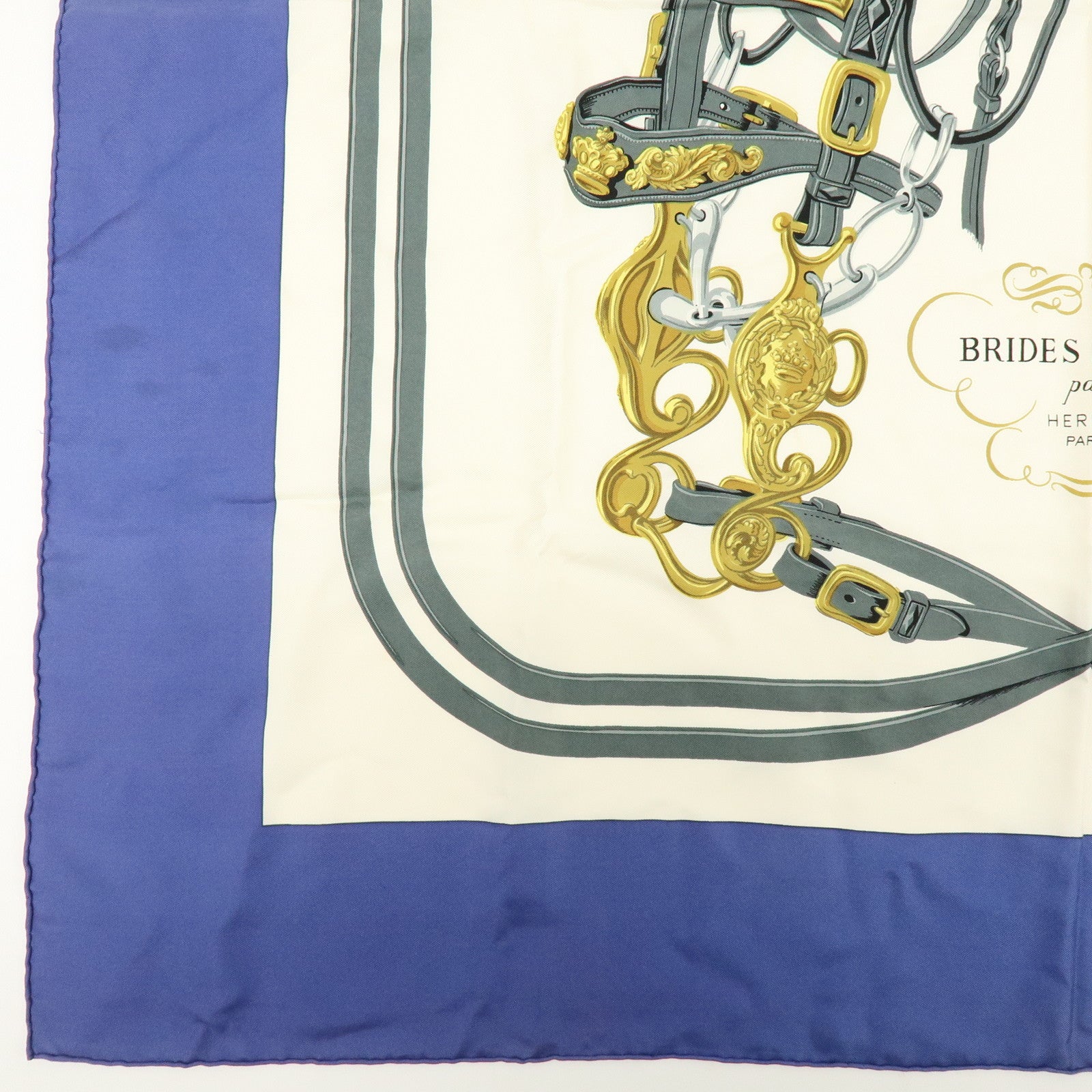 HERMES Carre 90 Silk 100% BRIDES DE GALA Scarf Ivory Blue