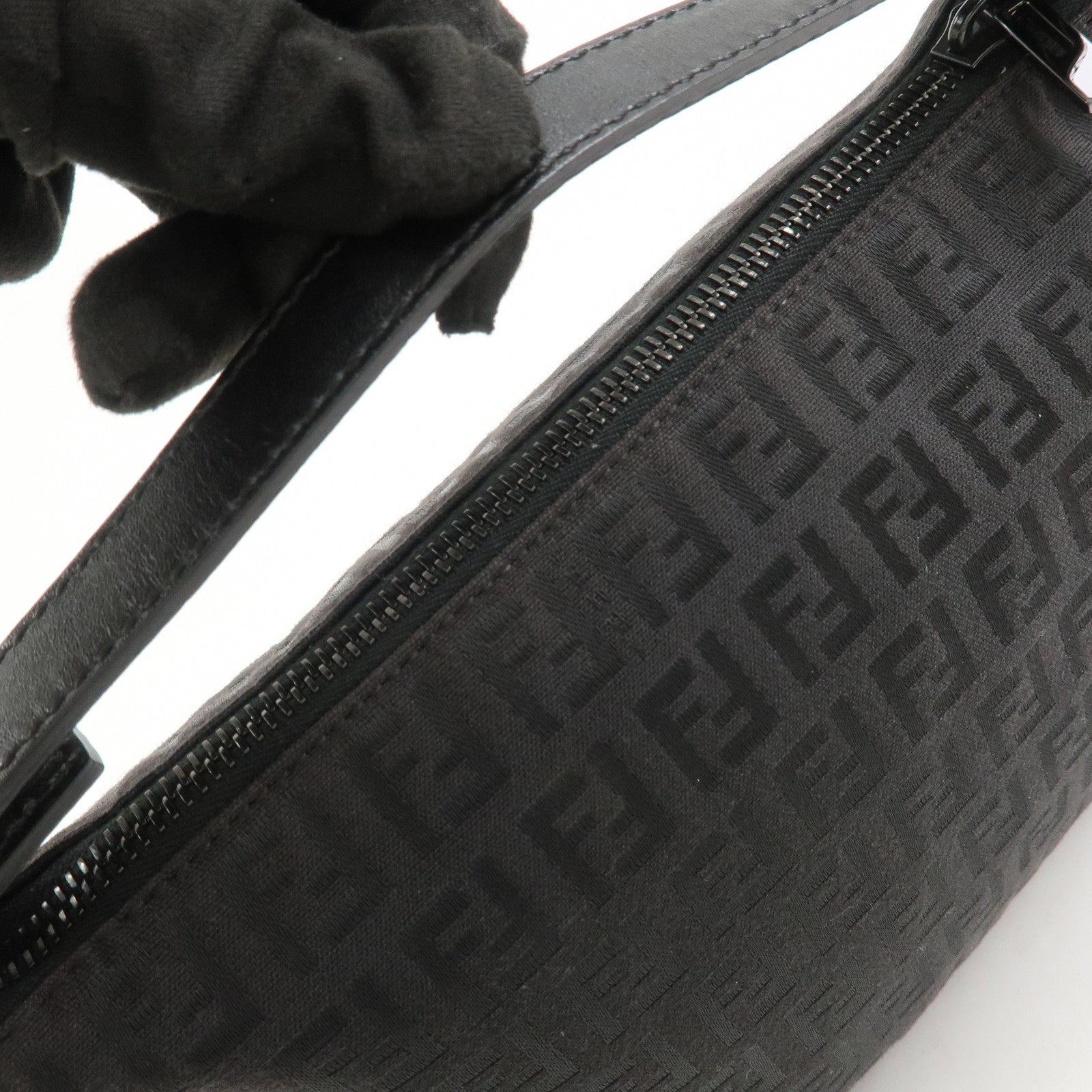 FENDI Zucchino Canvas Leather Hand Bag Pouch Black 8N0005