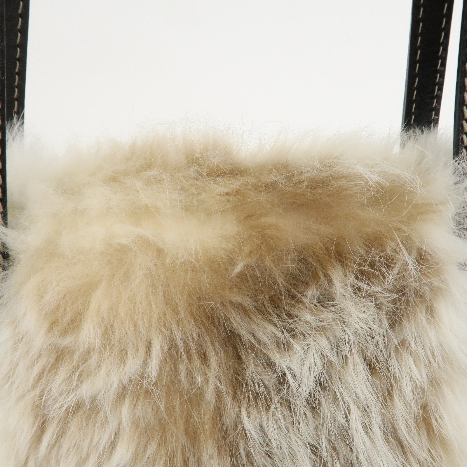 FENDI Fur Leather Hand Bag Tote Bag Ivory Light Brown 8BH056