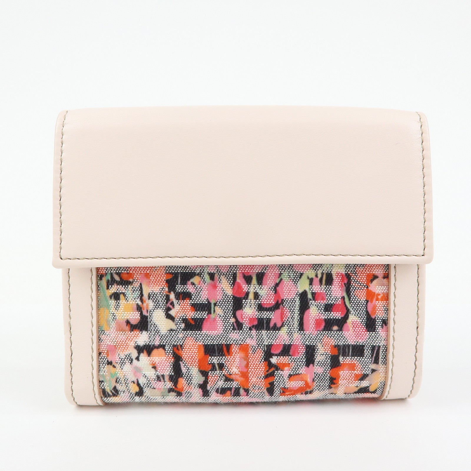 FENDI Zucchino Flower Canvas Leather Compact Wallet Pink 8M0188