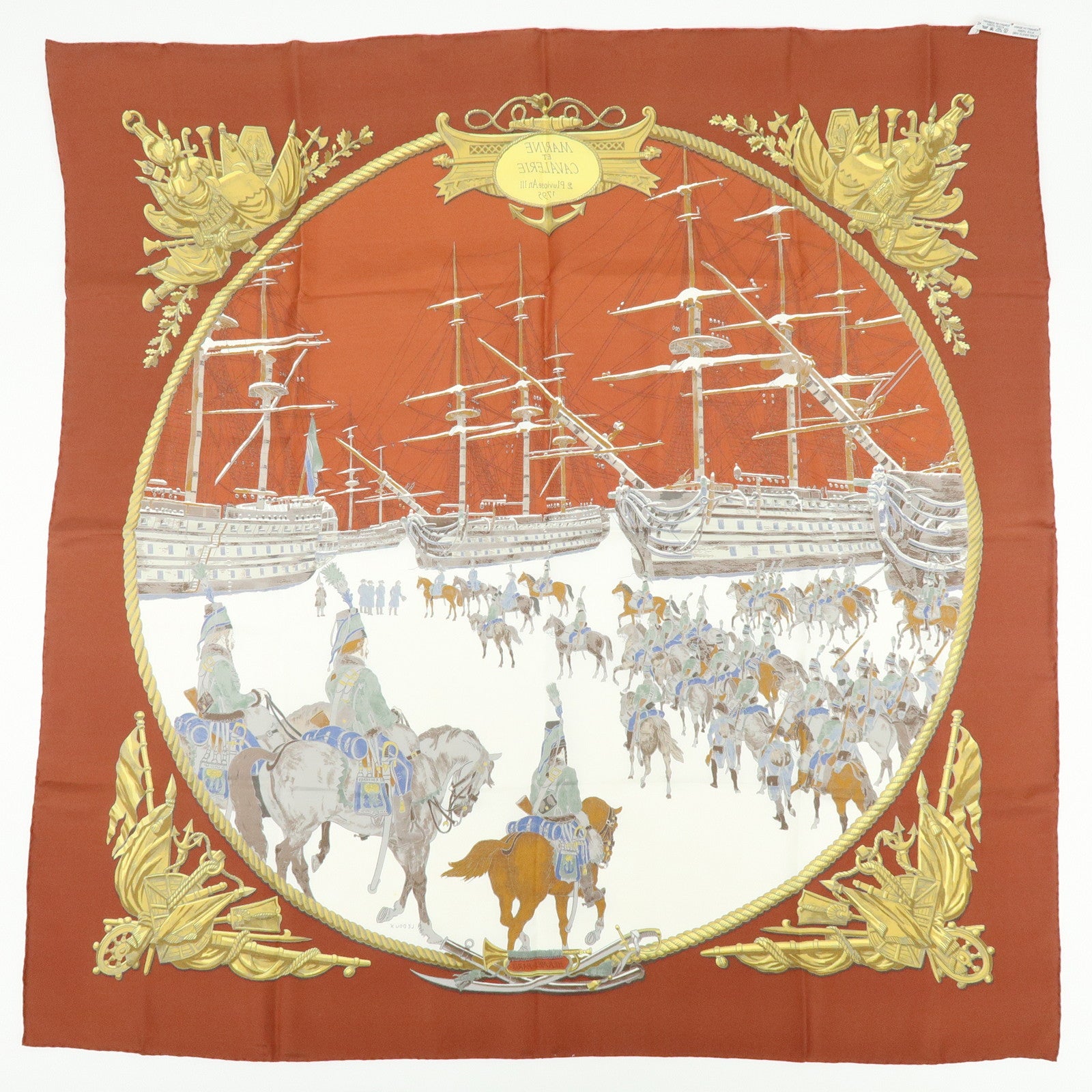 HERMES Carre 90 Silk 100% Scarf MARINE ET CAVALERIE Brown