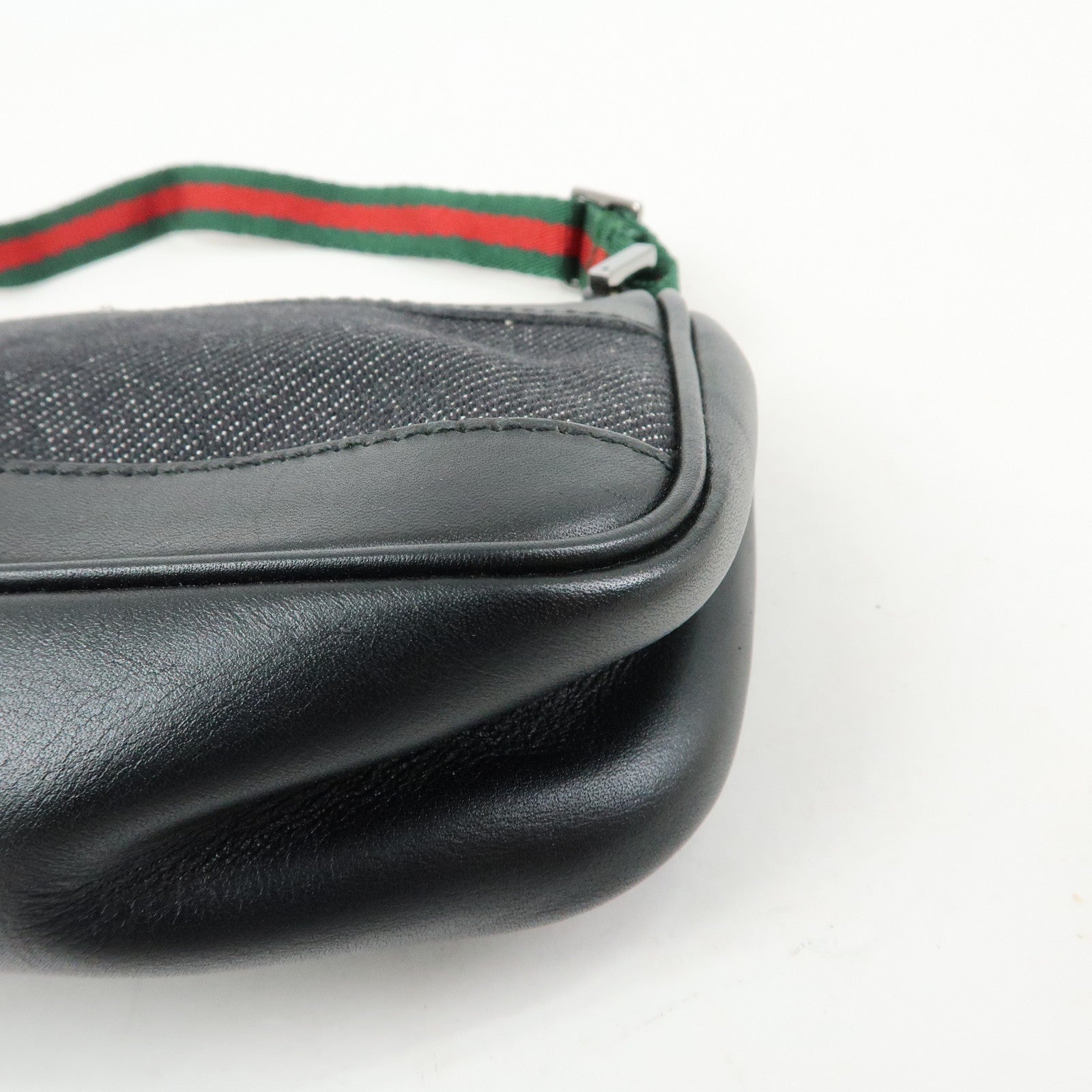 GUCCI Sherry Denim Leather Accessory Pouch Hand Bag Black 92820