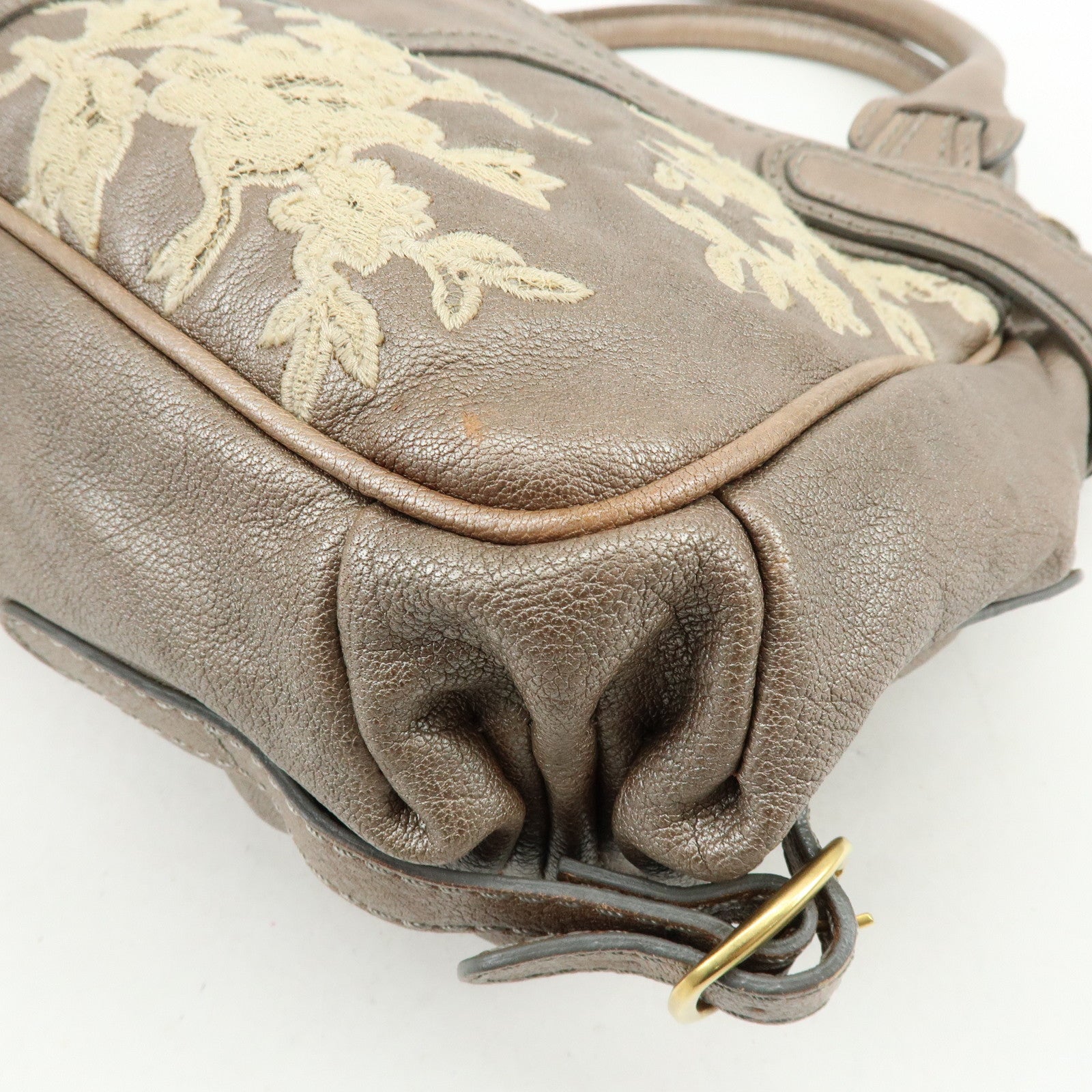 VALENTINO Flower Embroidery Leather Hand Bag Shoulder Bag Greige