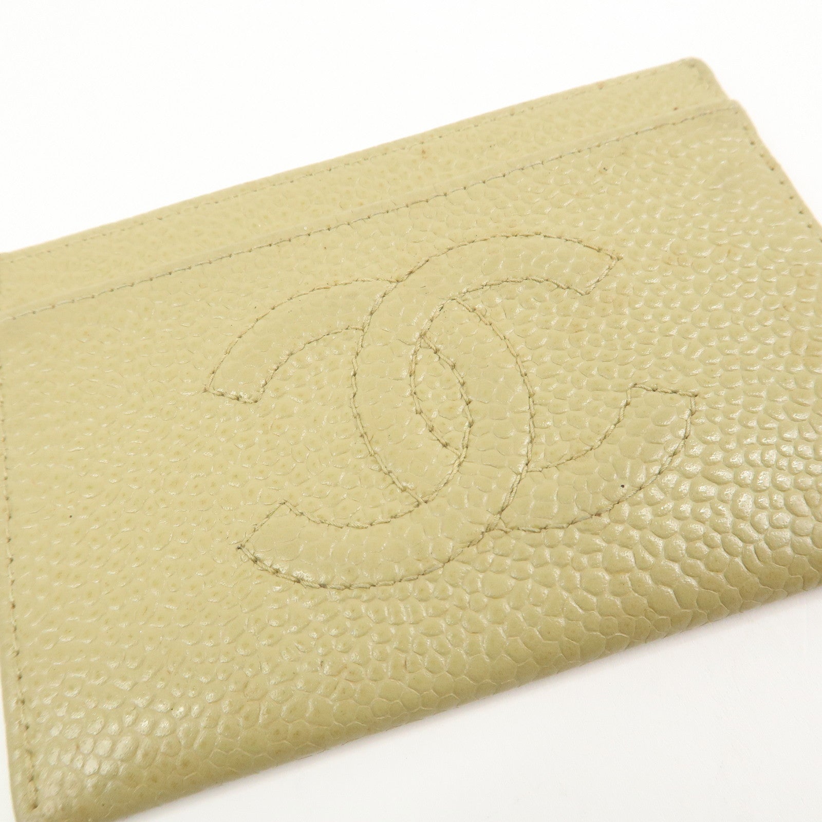 CHANEL COCO Mark Caviarskin Leather Card Case Card Holder Beige