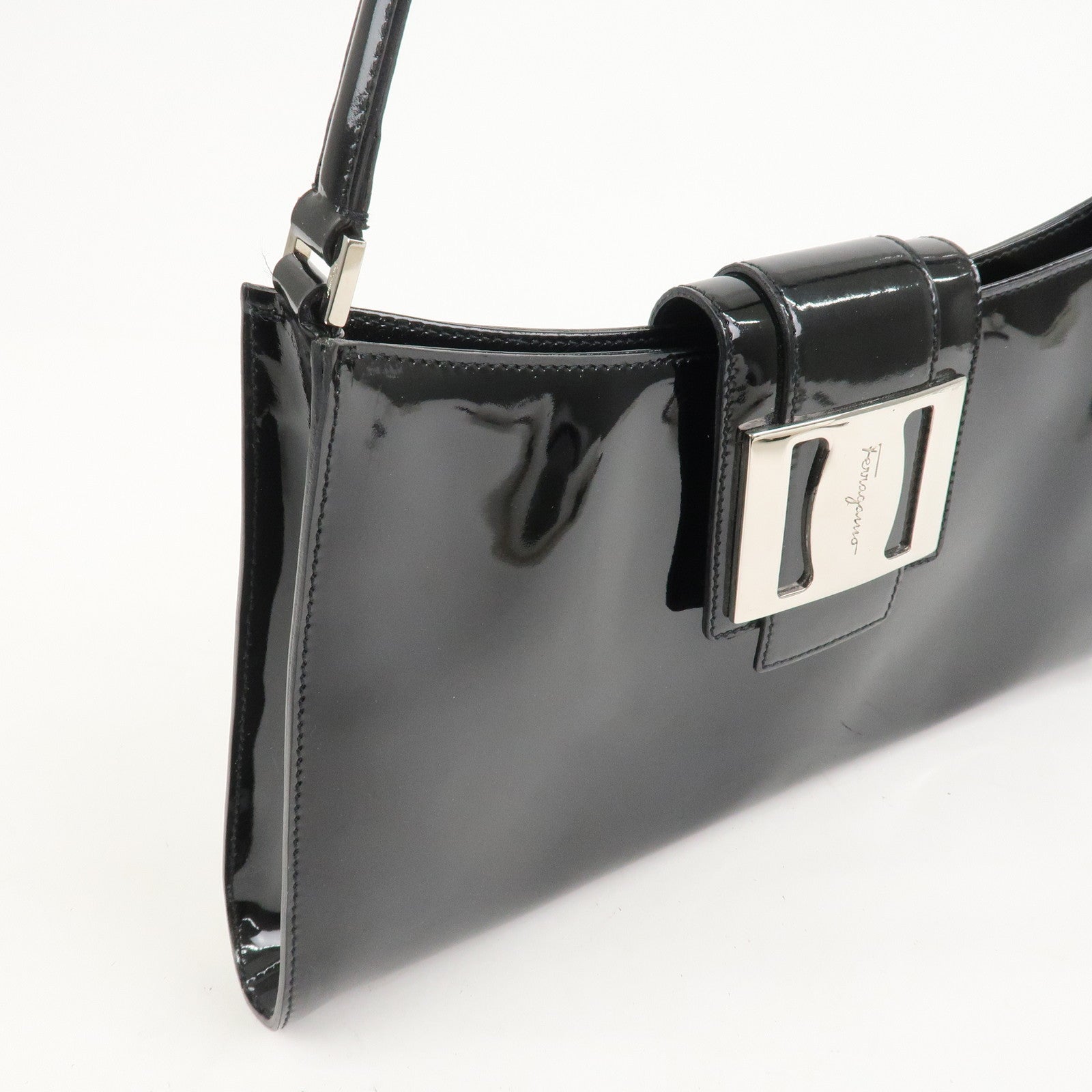 Ferragamo Patent Leather Shoulder Bag Hand Bag Black Silver HDW