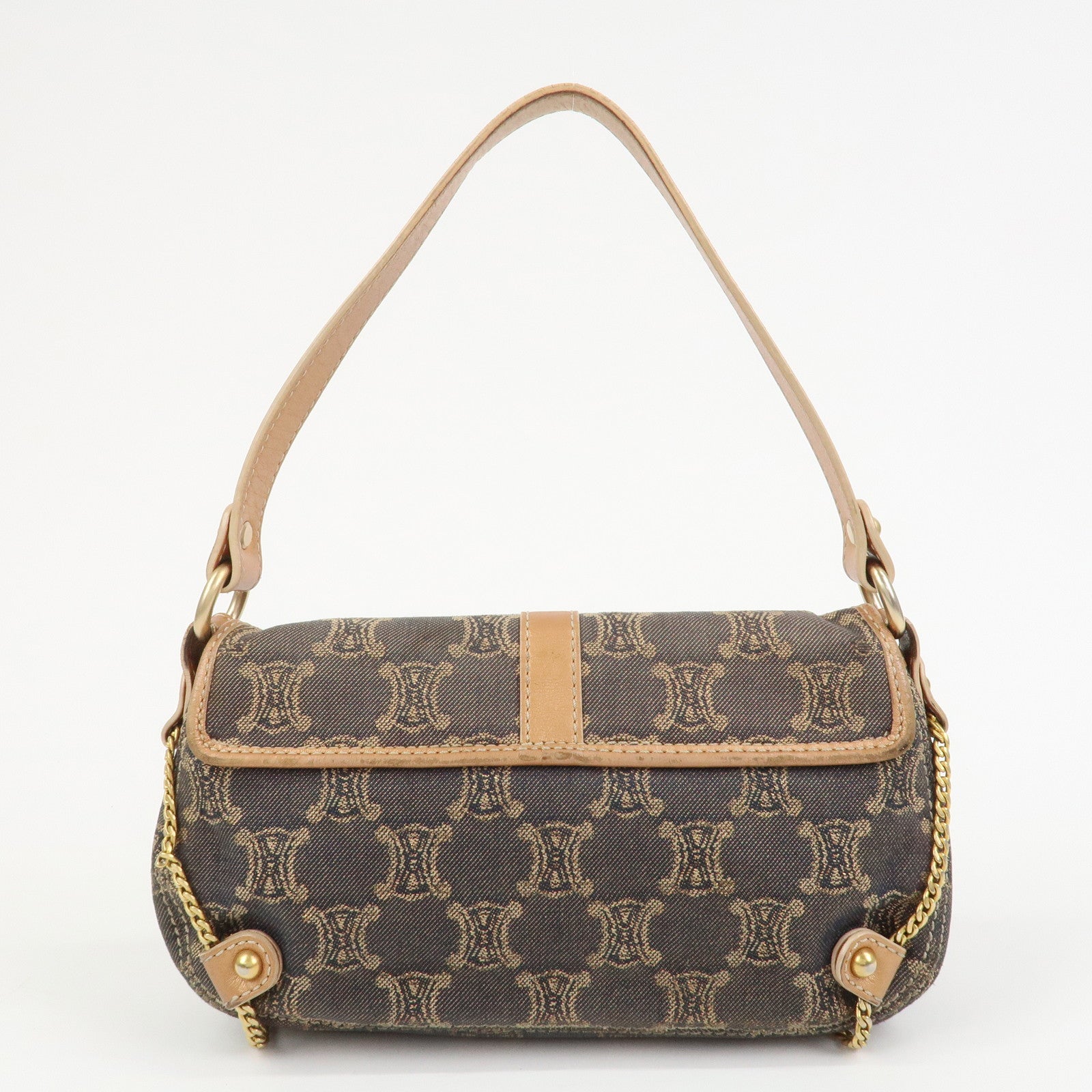 CELINE Macadam Denim Leather Shoulder Bag Hand Bag Light Brown