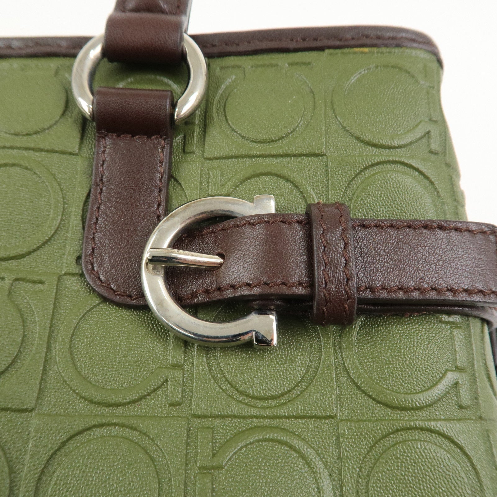 Ferragamo Gancini Embossed Leather 2Way Hand Shoulder Bag Green