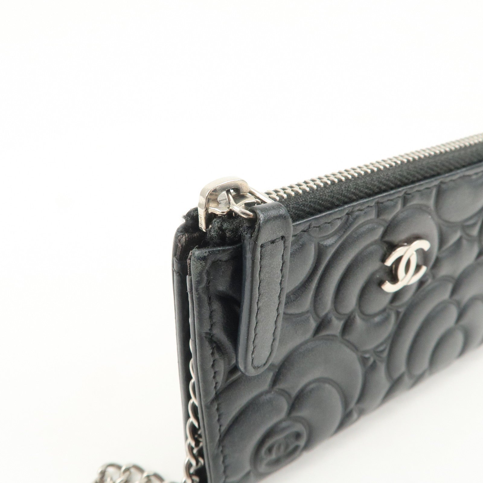 CHANEL Camellia Lamb Skin Coin Case Coin Purse Black