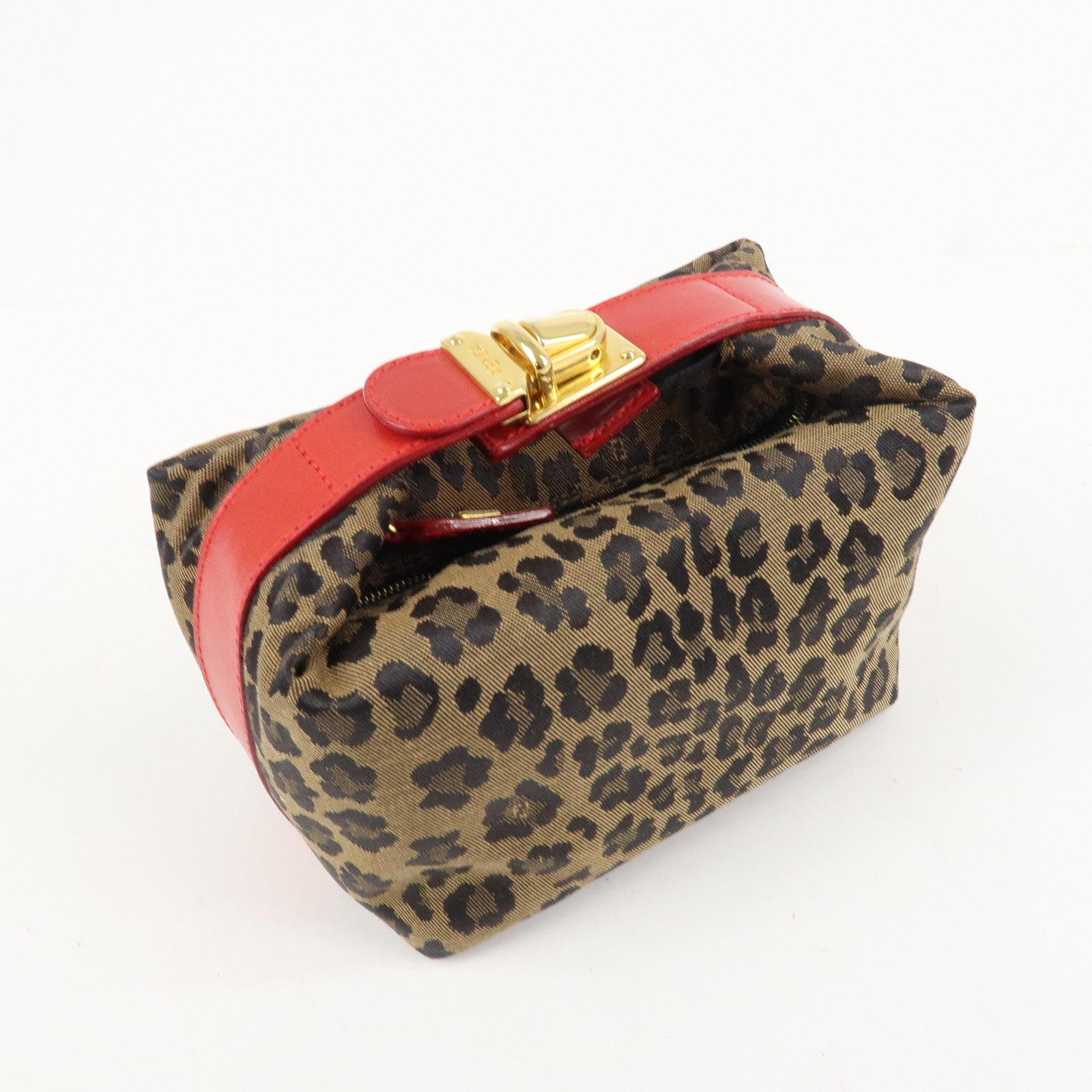FENDI Canvas Leather Leopard Vanity Bag Cosmetic Pouch 26360 Used