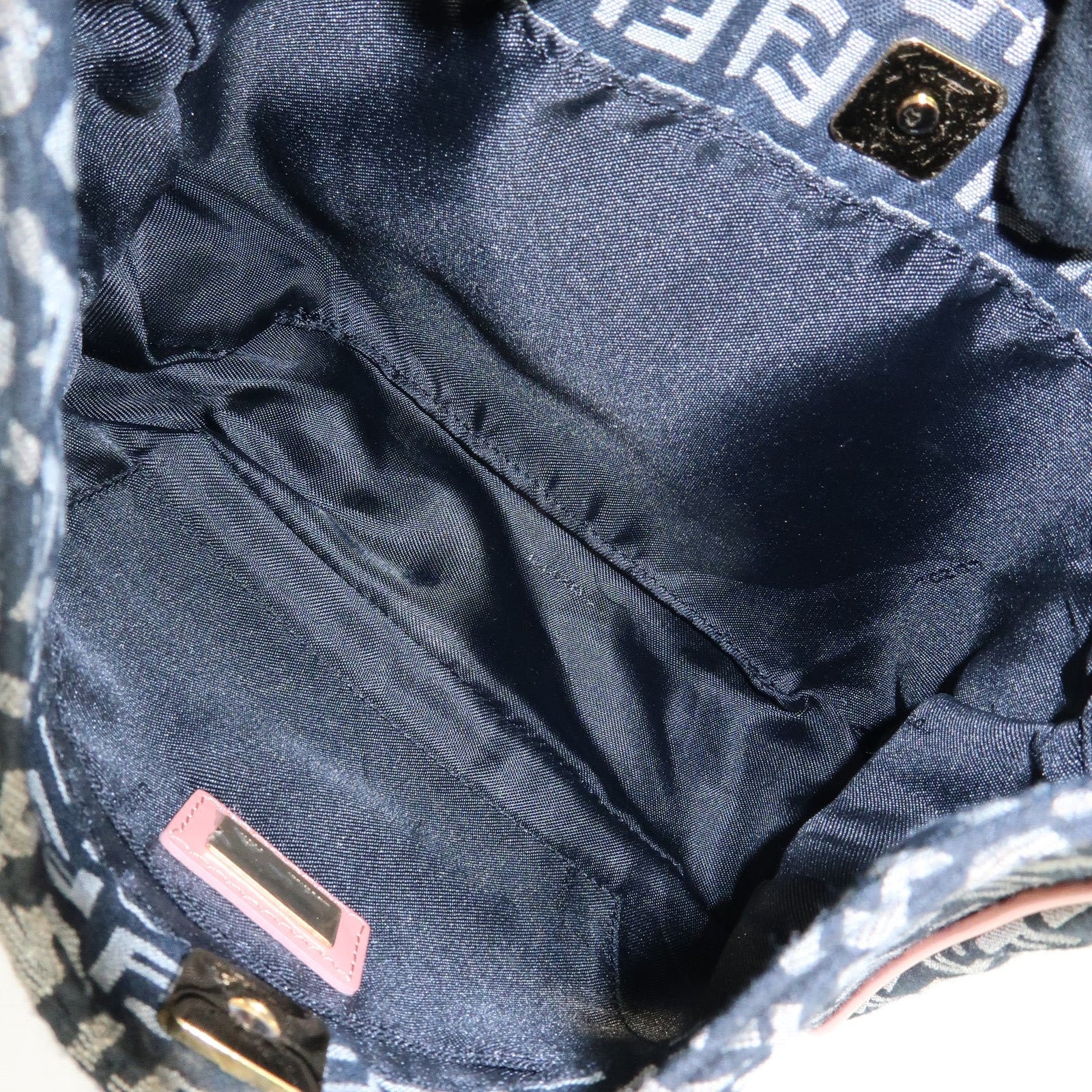 FENDI Zucchino Canvas Leather Hand Shoulder Bag Navy Pink 8BR158