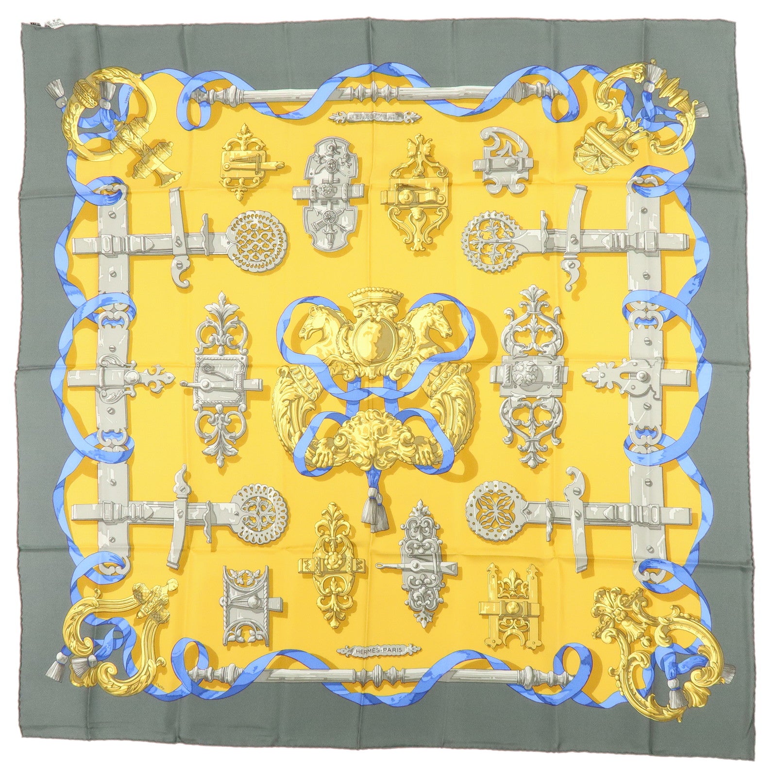HERMES Carre 90 Silk 100% Scarf Ferronnerie Gray Gold