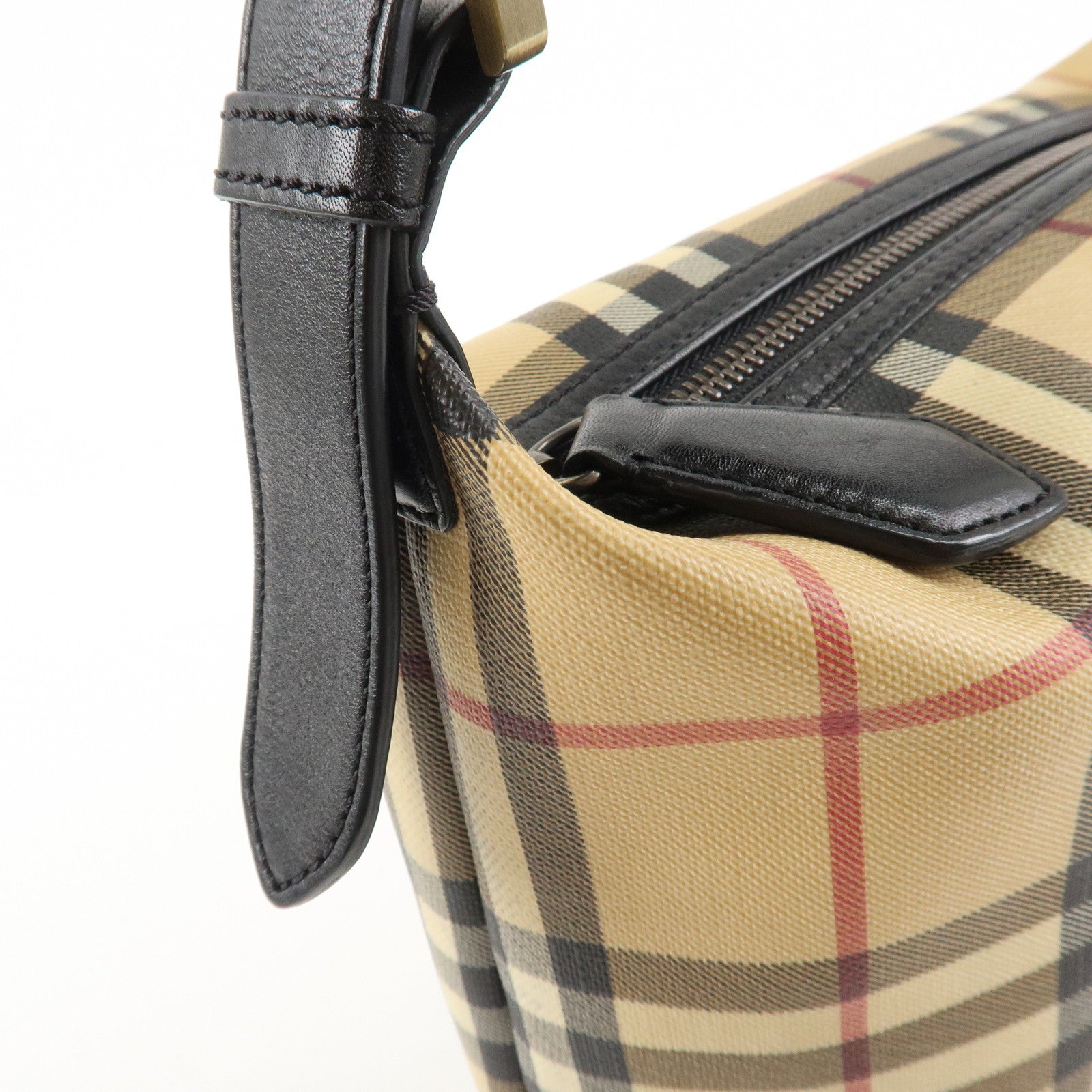 BURBERRY Nova Plaid Canvas Leather Shoulder Bag Hand Bag Beige Black Used