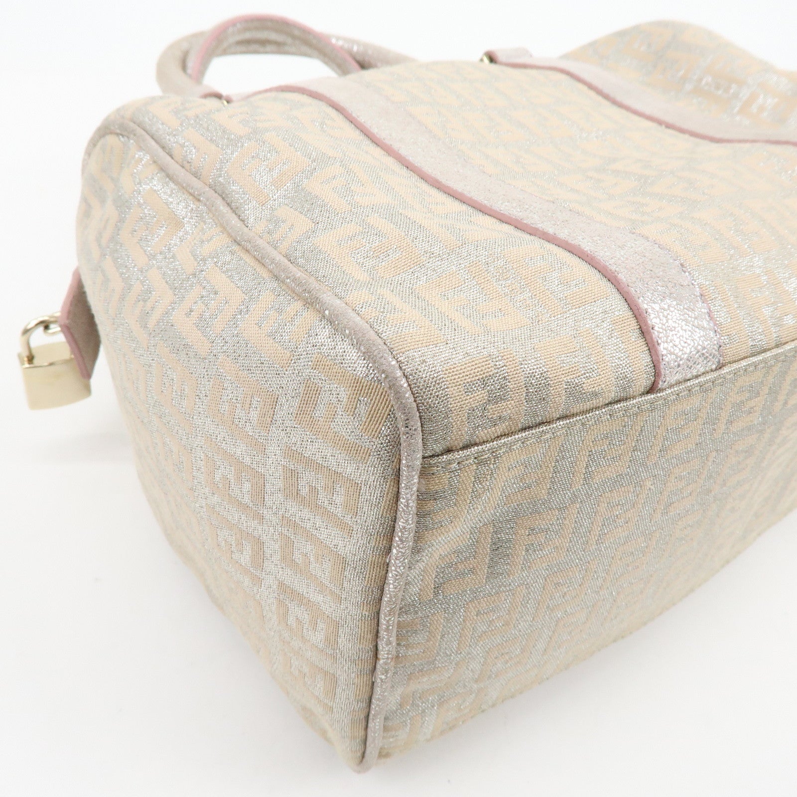 FENDI Zucchino Canvas Leather Mini Boston Bag Silver Beige 8BL068