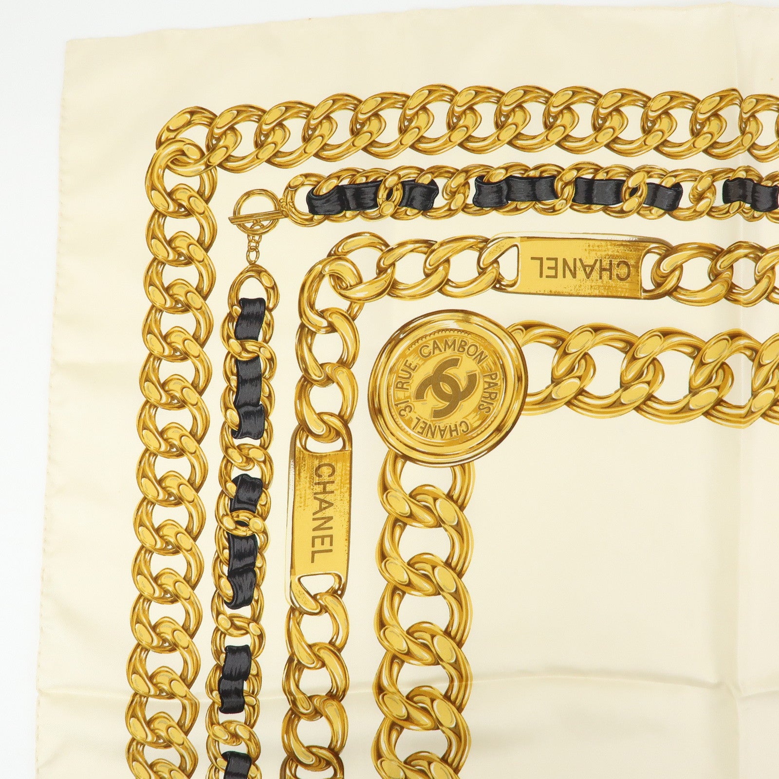 CHANEL Silk 100% Scarf Chain Medal Motif Beige Gold