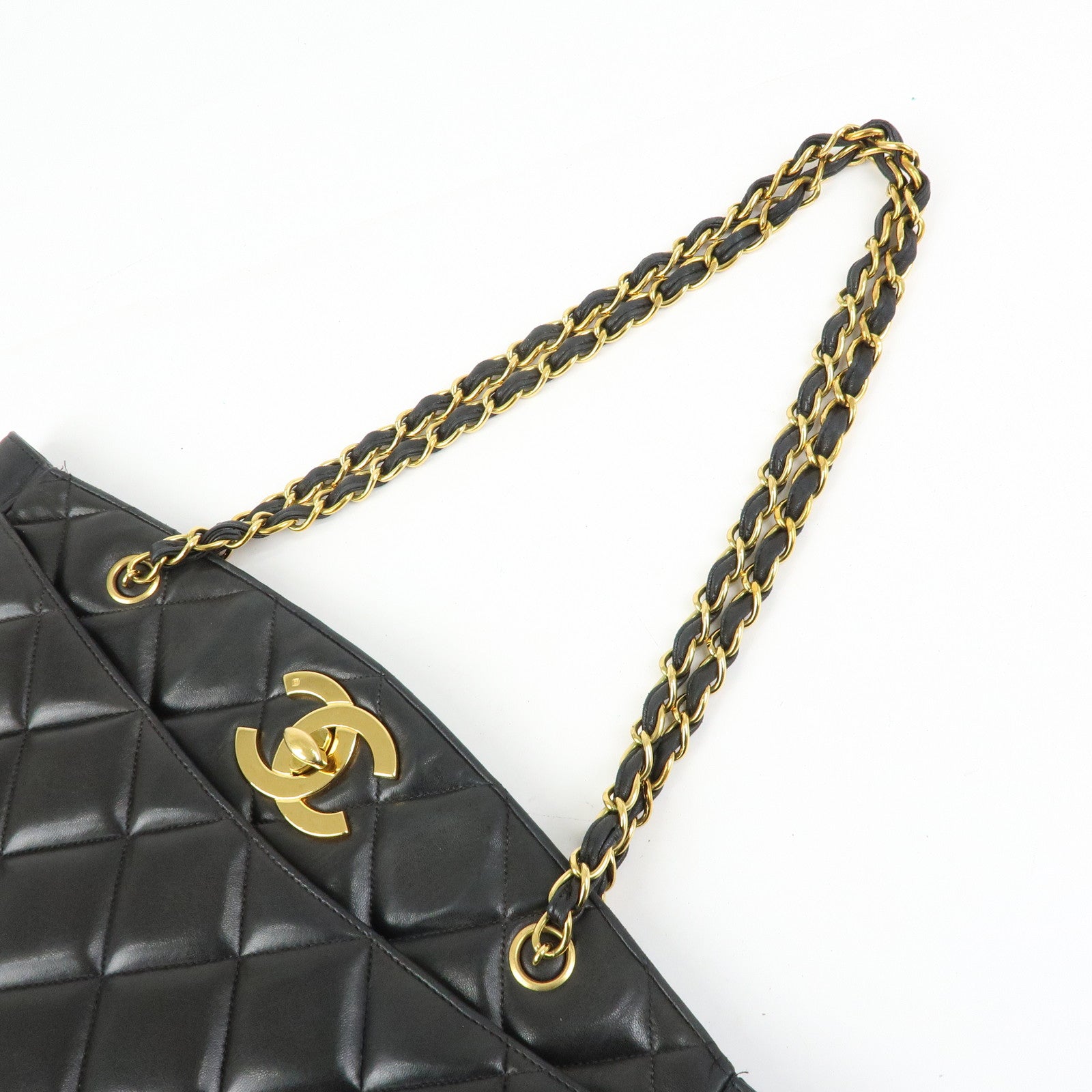 CHANEL Matelasse COCO Mark Lamb Skin Tote Bag Shoulder Bag Black