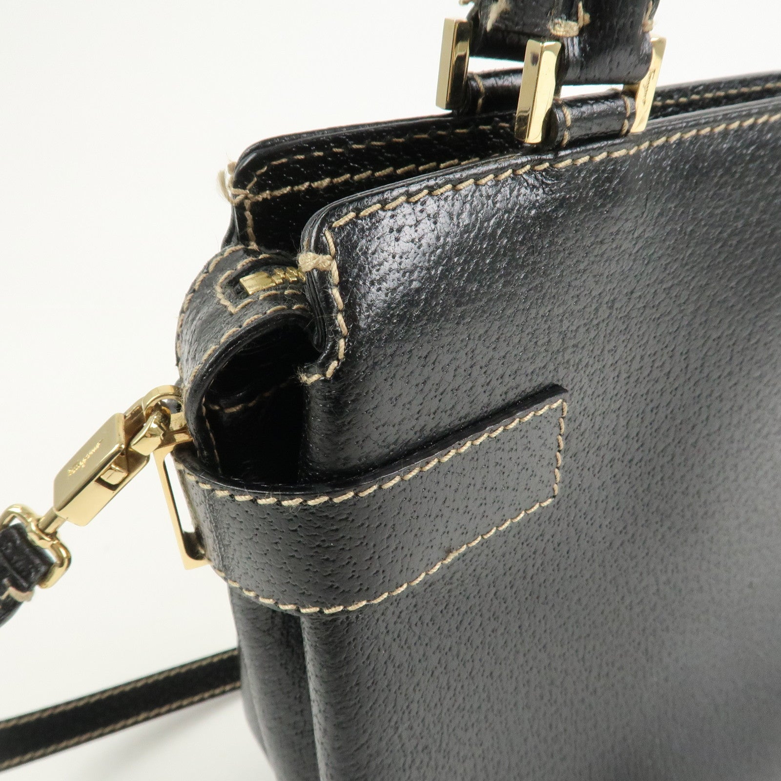 Ferragamo Gancini Leather 2 Way Bag Hand Bag Shoulder Bag Black