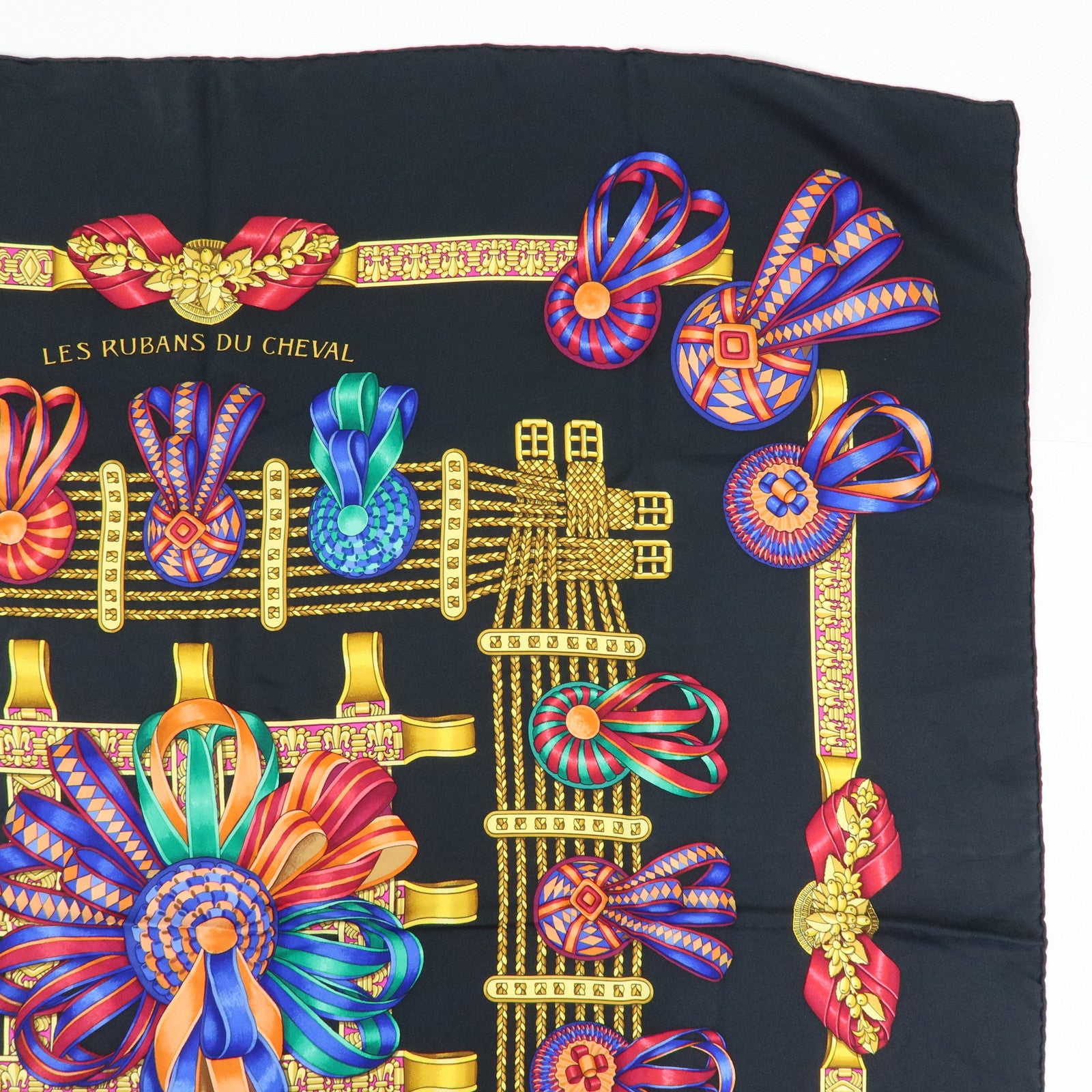 HERMES Carre 90 Silk 100% Scarf LES RUBANS DU CHEVAL Black