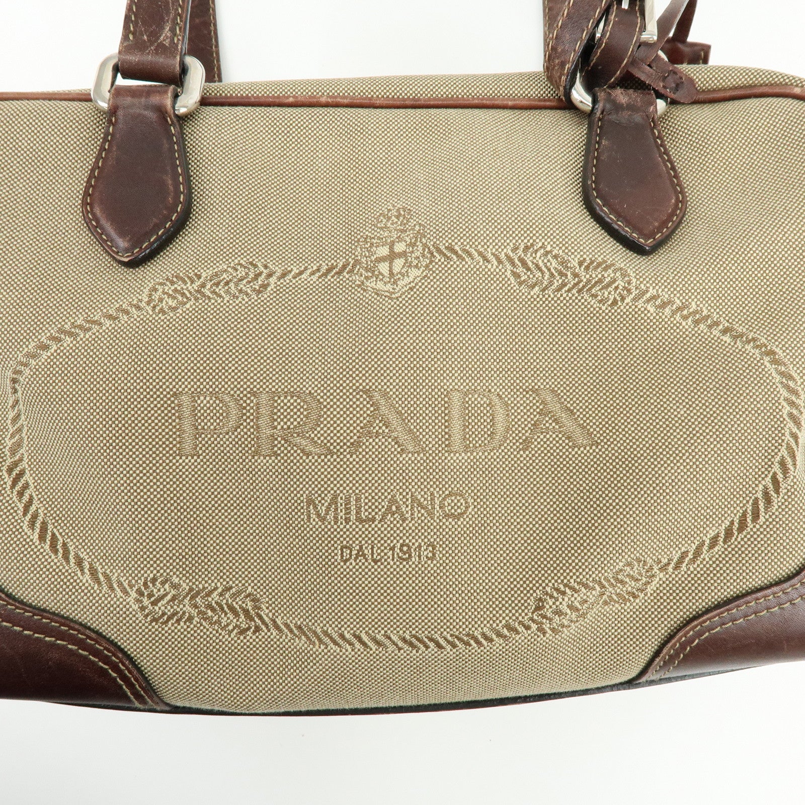 PRADA Leather Logo Jacquard Tote Bag Hand Bag Beige Brown