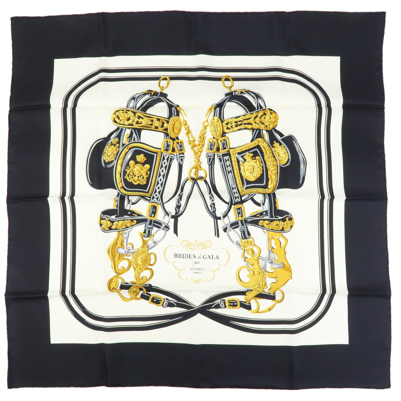 HERMES Carre 90 Silk 100% Scarf BRIDES DE GALA Black Gold