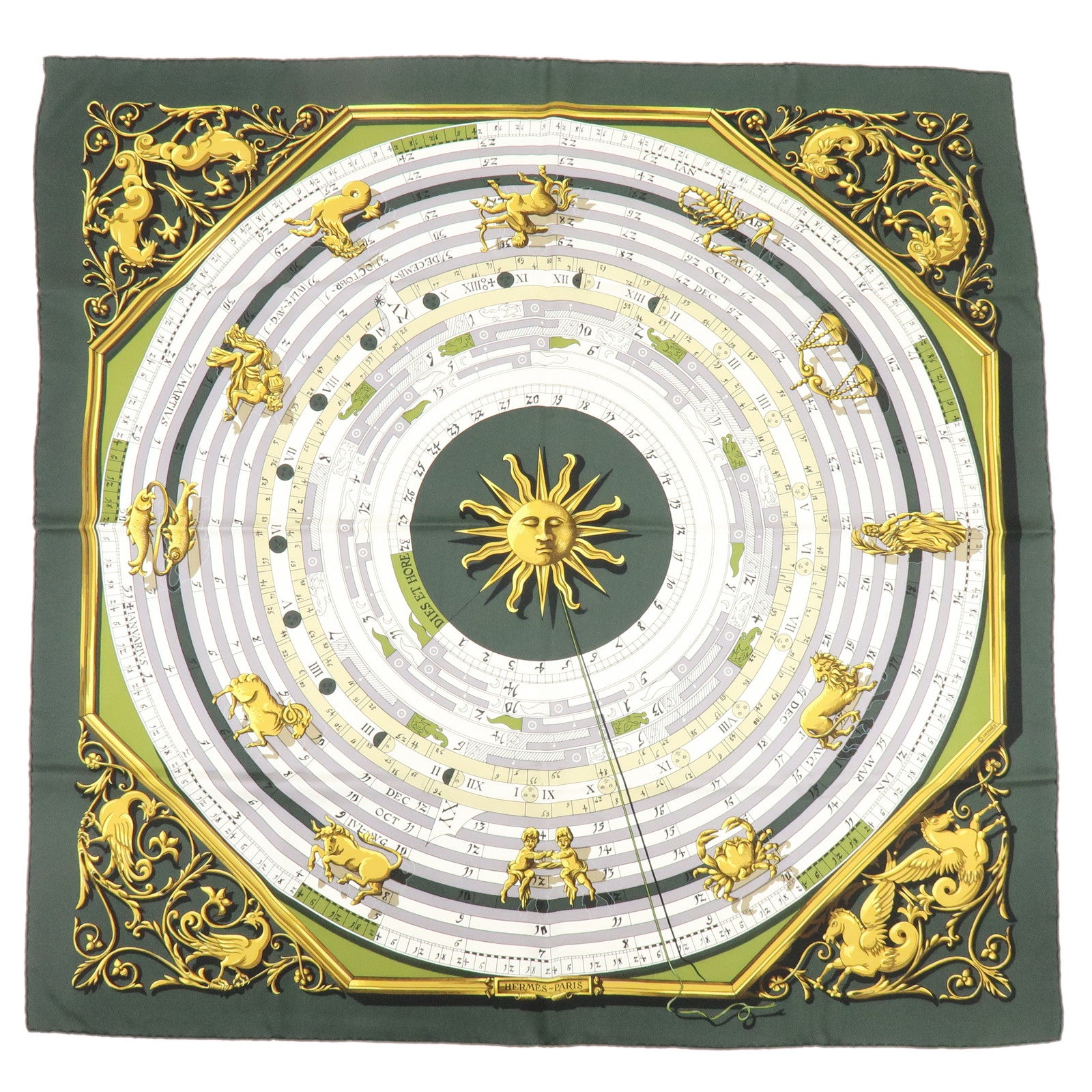HERMES Carre 90 Silk 100% Scarf DIES ET HORE Green White Gold