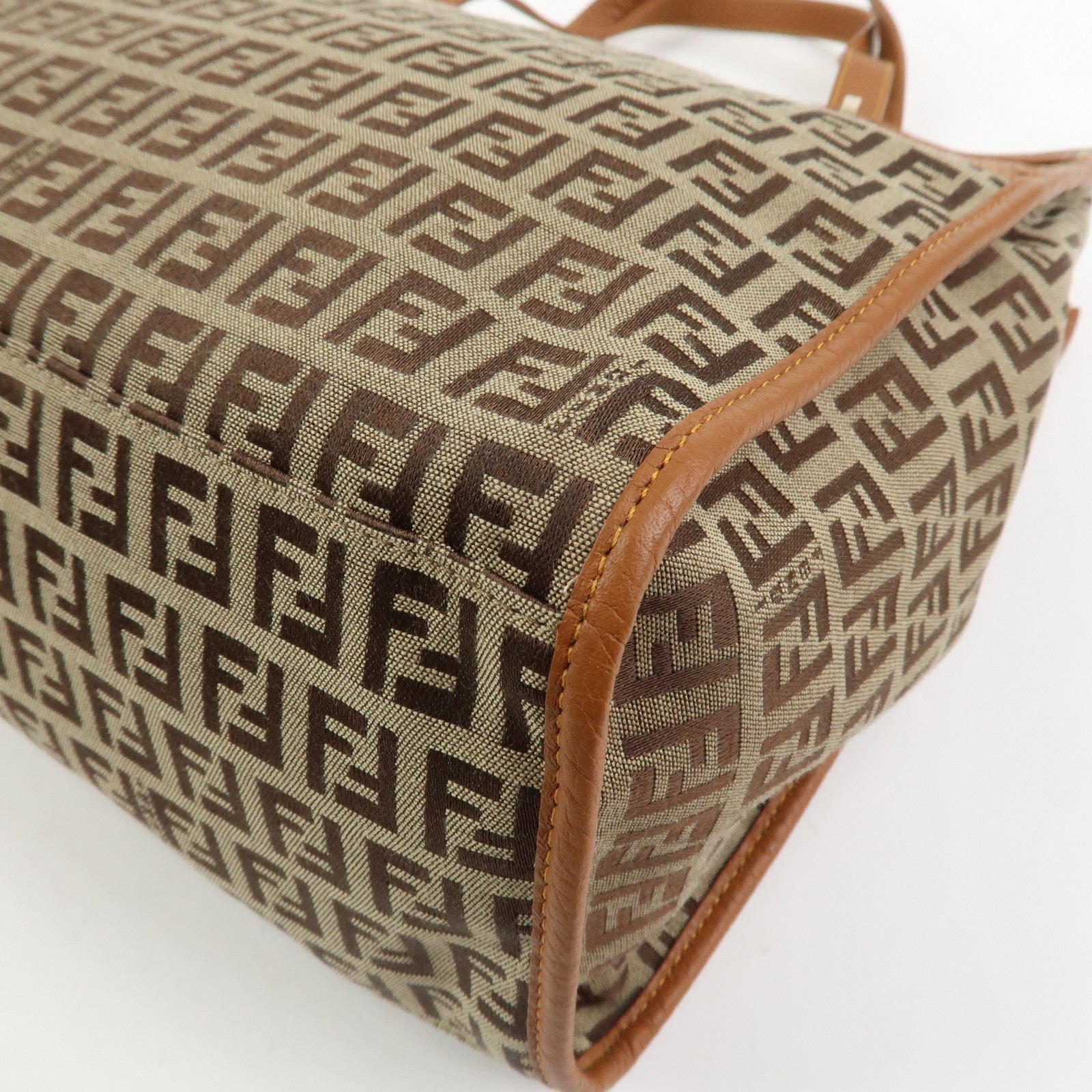 FENDI Zuccino Canvas Leather Tote Bag Hand Bag Brown 8BH153