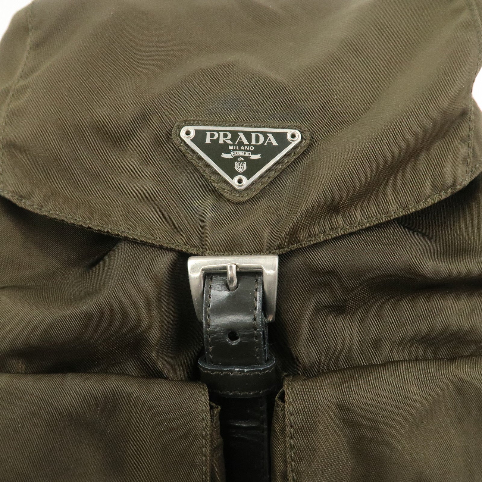 PRADA Triangle Logo Nylon Leather Backpack Rucksack Khaki B6677