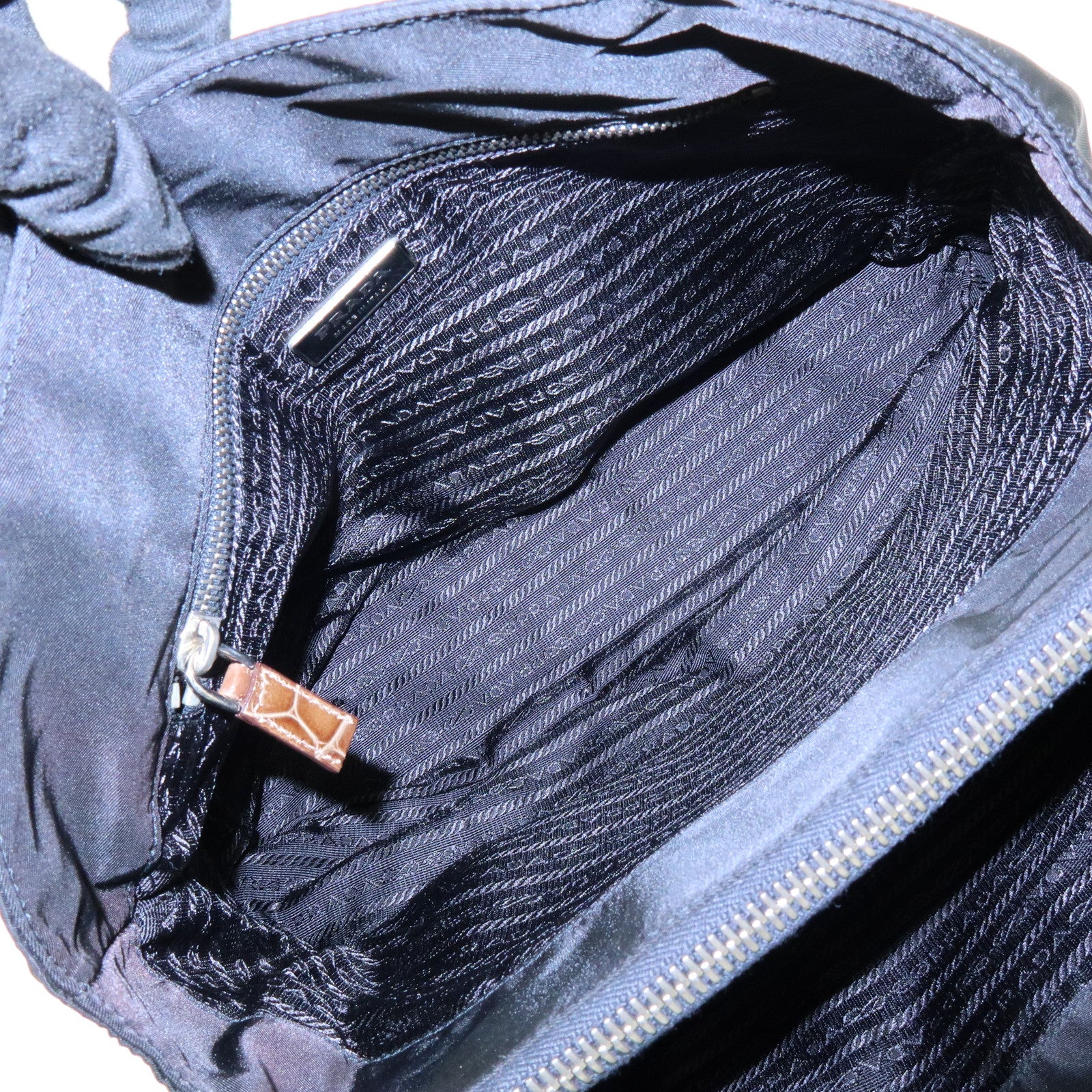 PRADA Triangle Logo Nylon Embossed Leather Tote Bag Black Brown