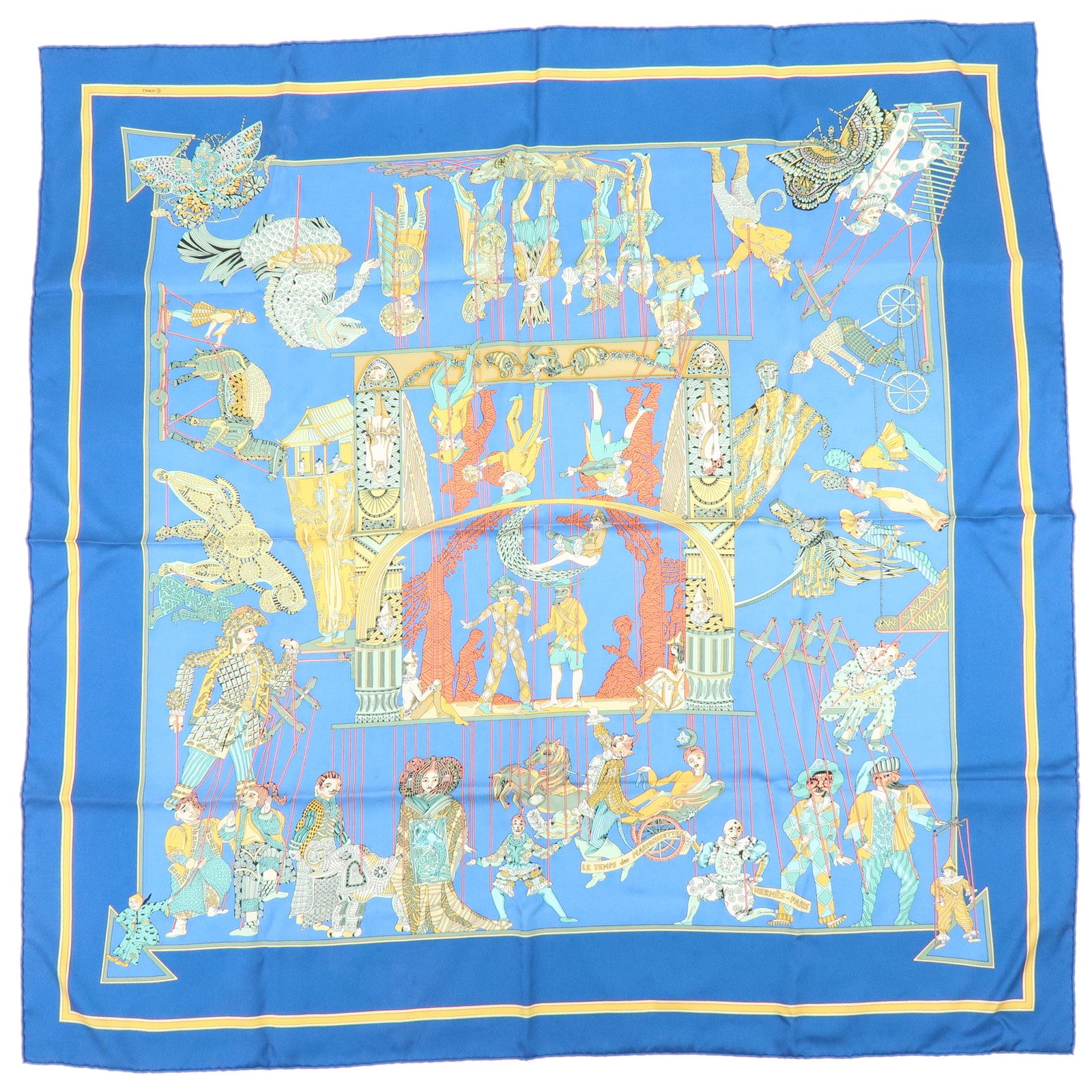HERMES Carre 90 Silk 100% Scarf LE TEMPS des MARIONNETTES Blue