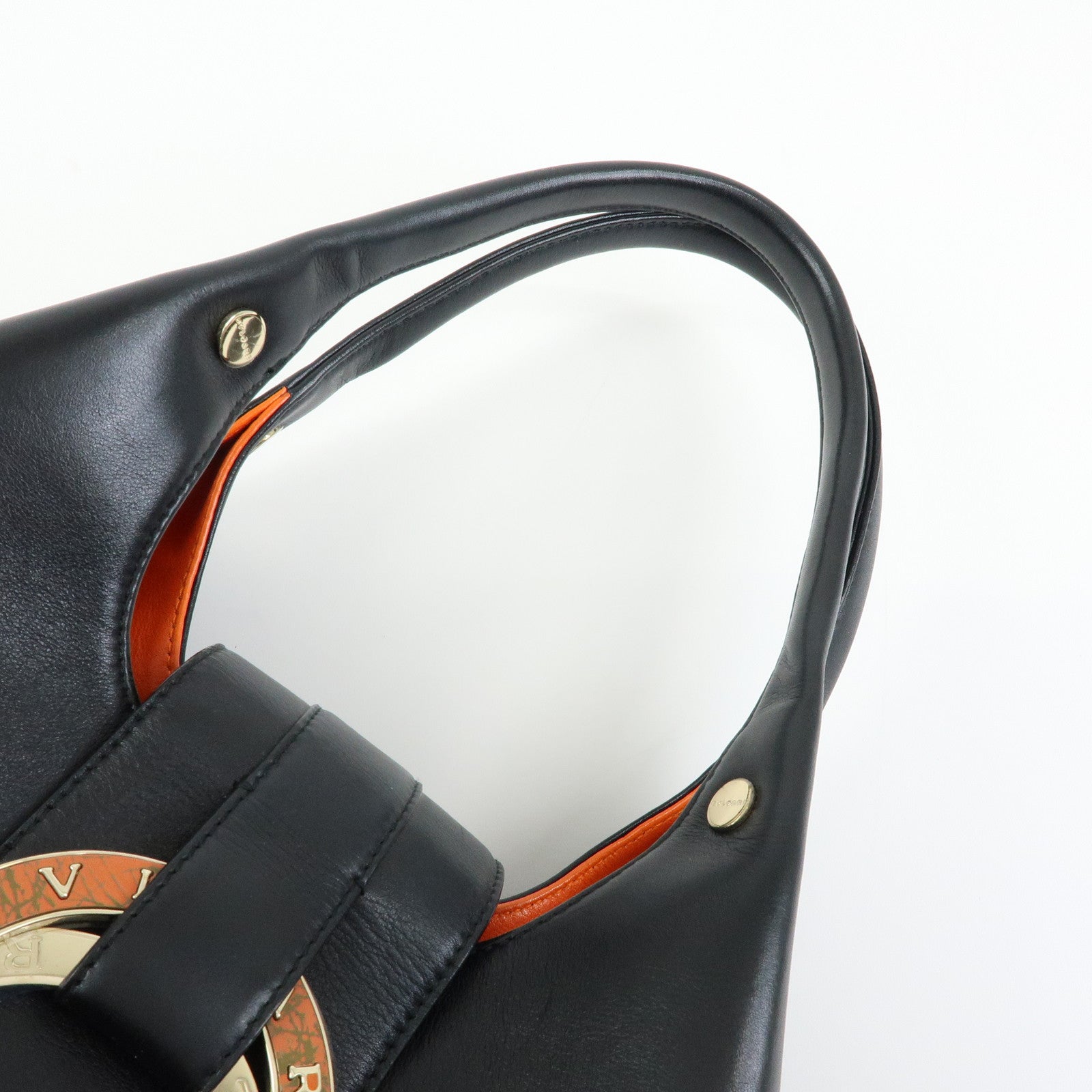 BVLGARI Chandra Leather Canvas Hand Bag Tote Bag Black Orange