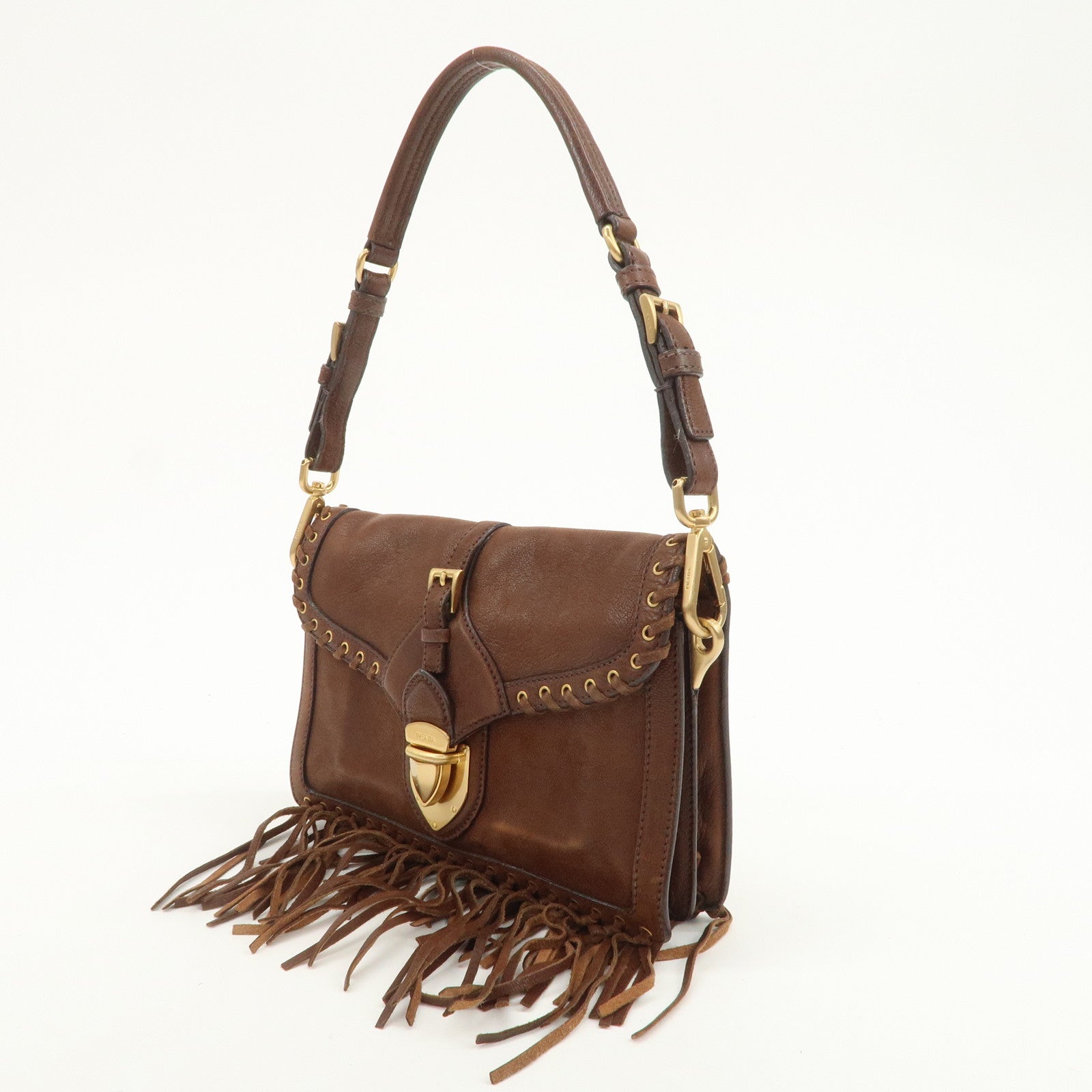 PRADA Fringe Leather 2Way Bag Shoulder Bag Clutch Bag Brown BR3165