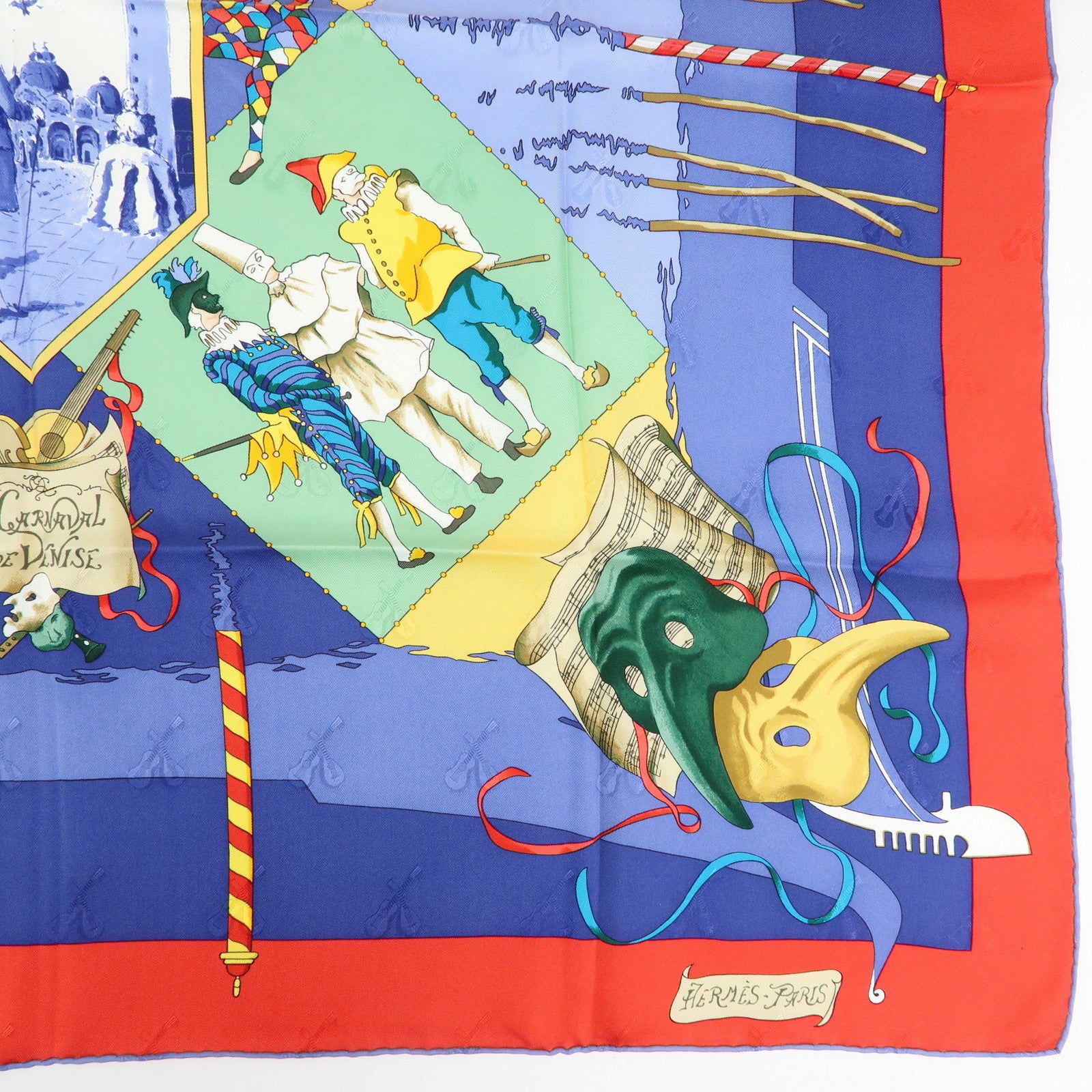 HERMES Carre 90 Silk 100% Scarf LE CARNAVAL DE VENISE Blue Red