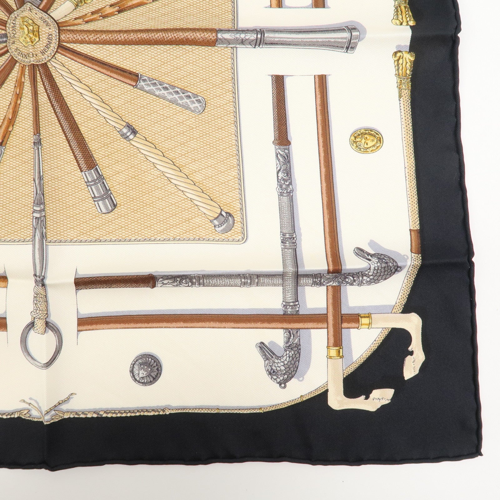 HERMES Carre 45 Silk 100% Scarf Cannes et Pommeaux Black White