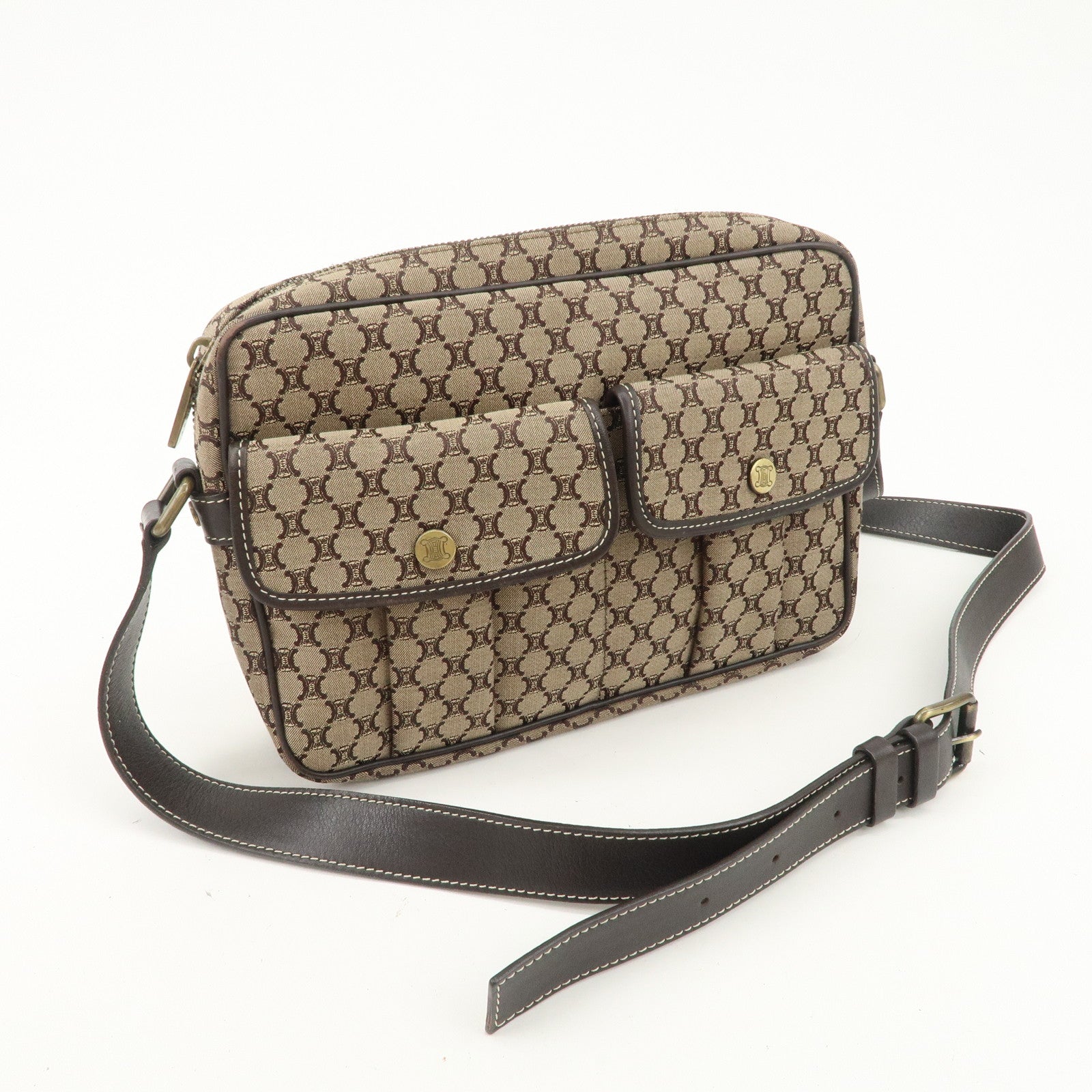 CELINE Macadam Canvas Leather Shoulder Bag Crossbody Bag Brown