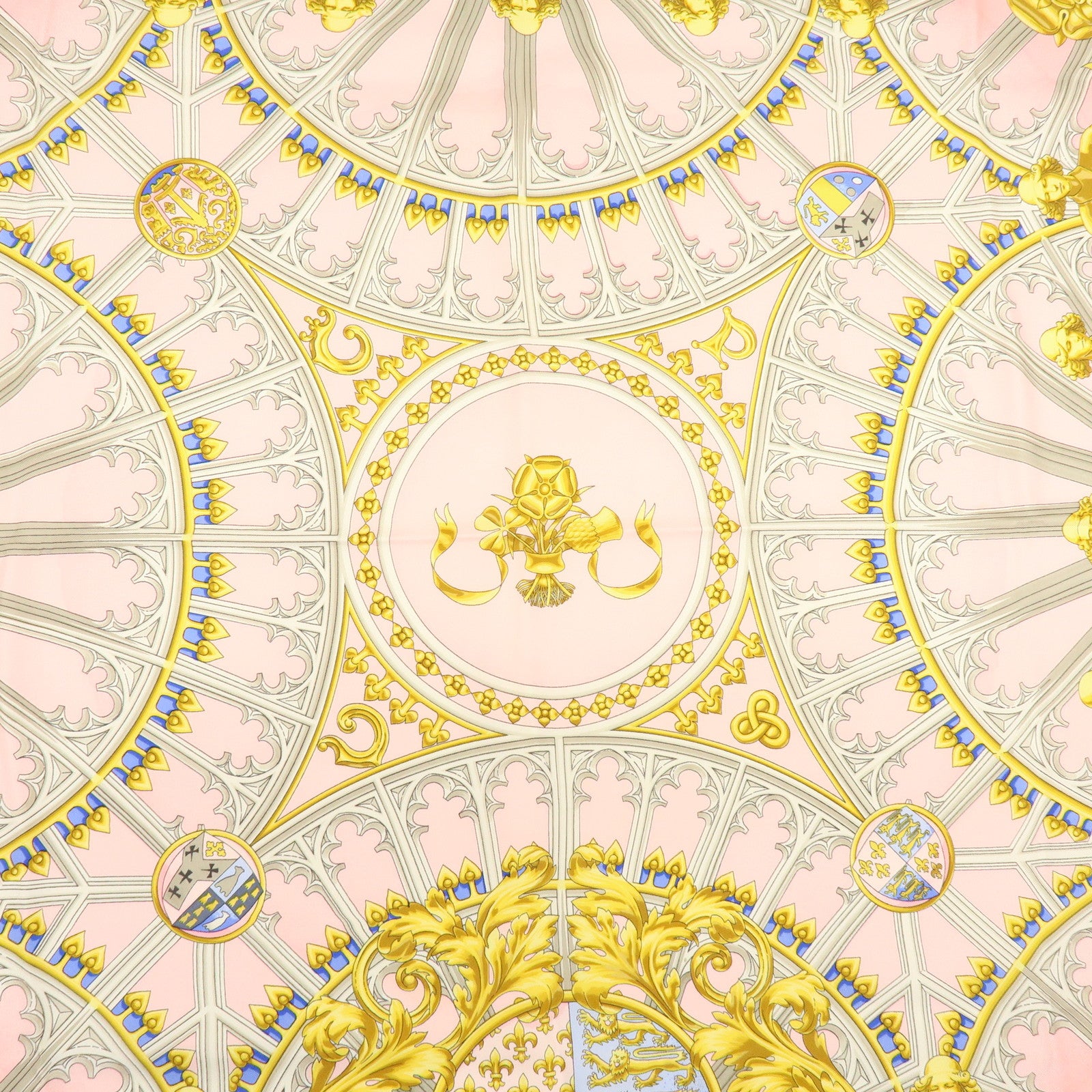 HERMES Carre 90 Silk 100% Scarf BRITISH HERALDRY Light Pink Gold