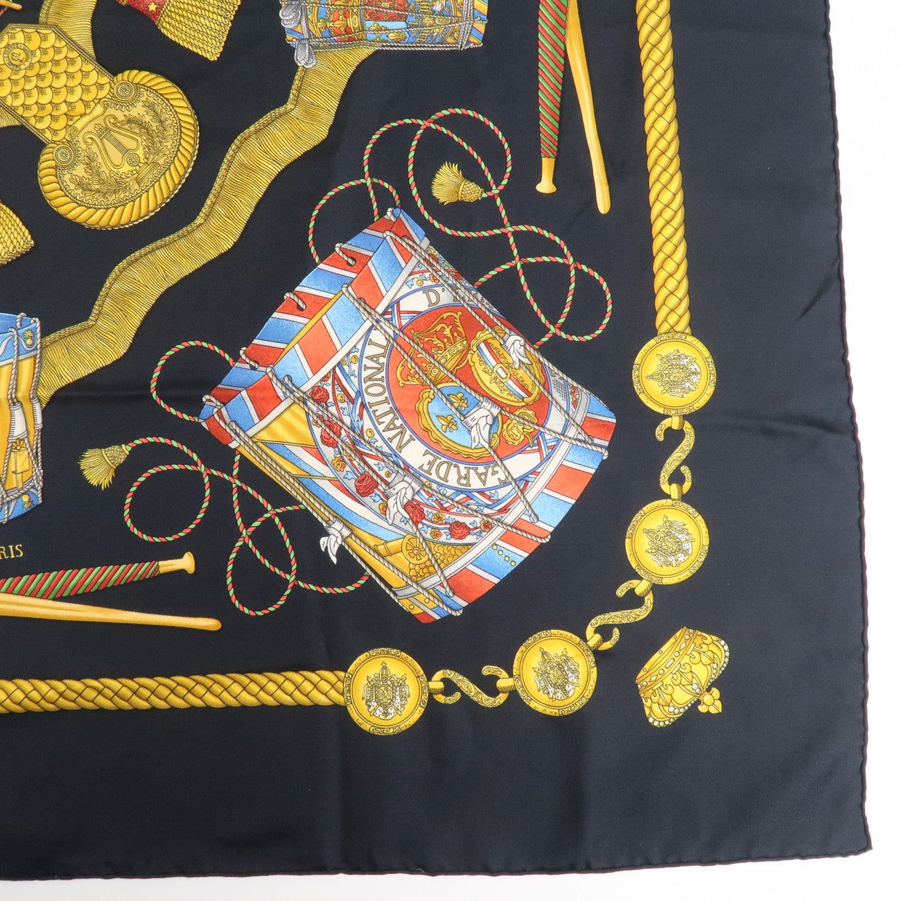 HERMES Carre 90 Silk 100% Scarf LES TAMBOURS Black Multicolor Used