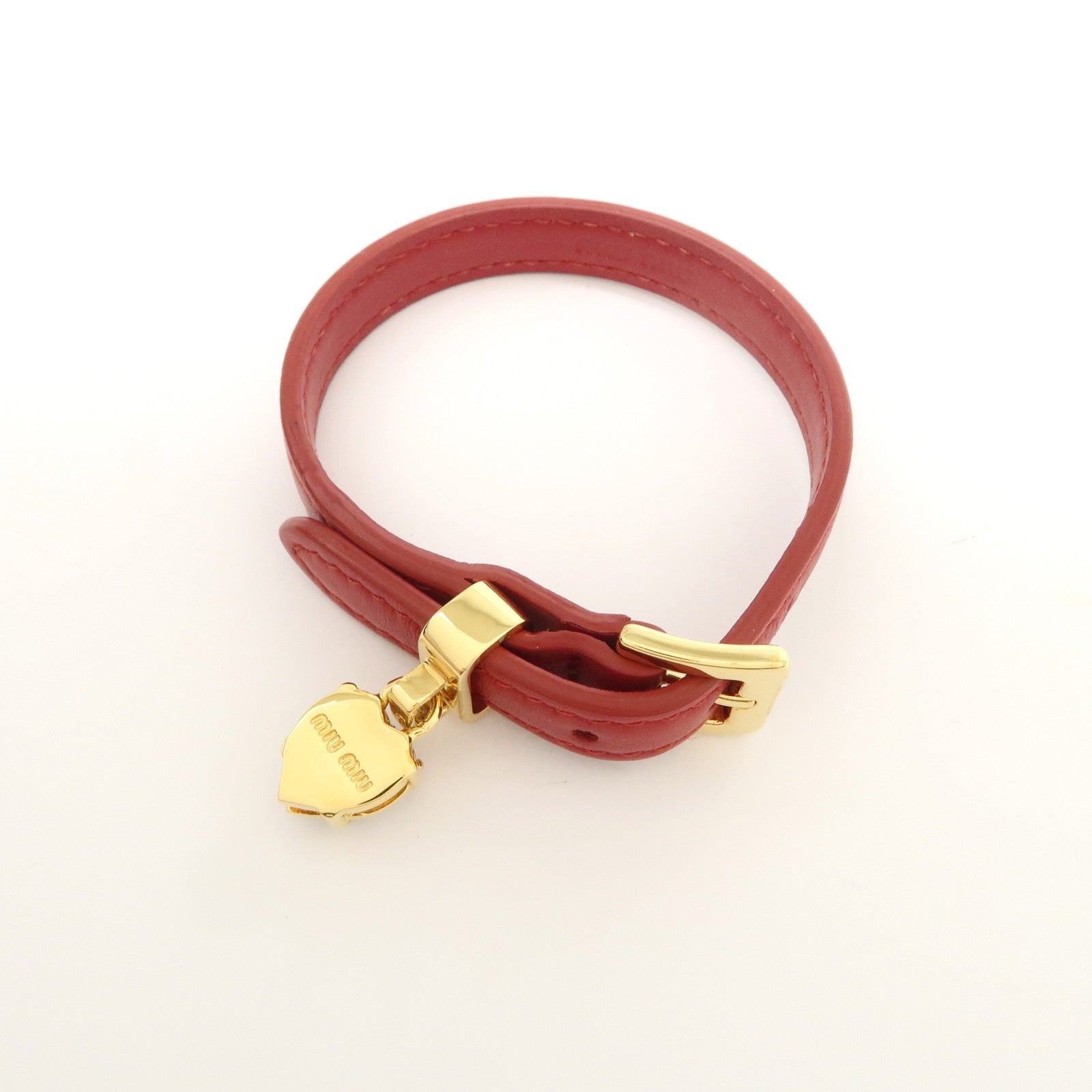 MIU MIU Heart Motif Leather Bracelet Bangle Red 51B253