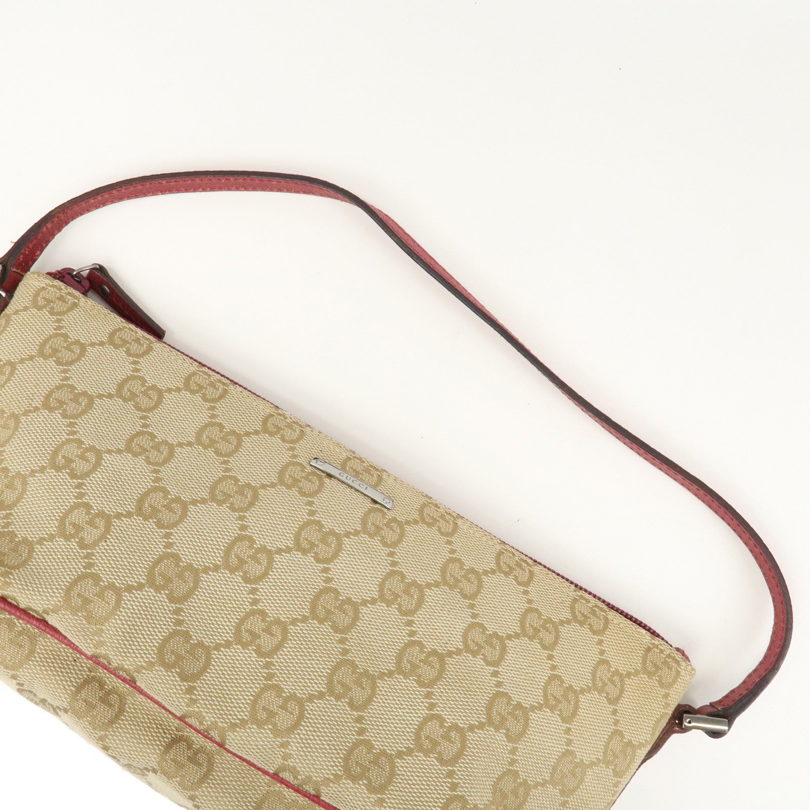 GUCCI Boat Bag GG Monogram Canvas Hand Bag  Beige Bordeaux 07198