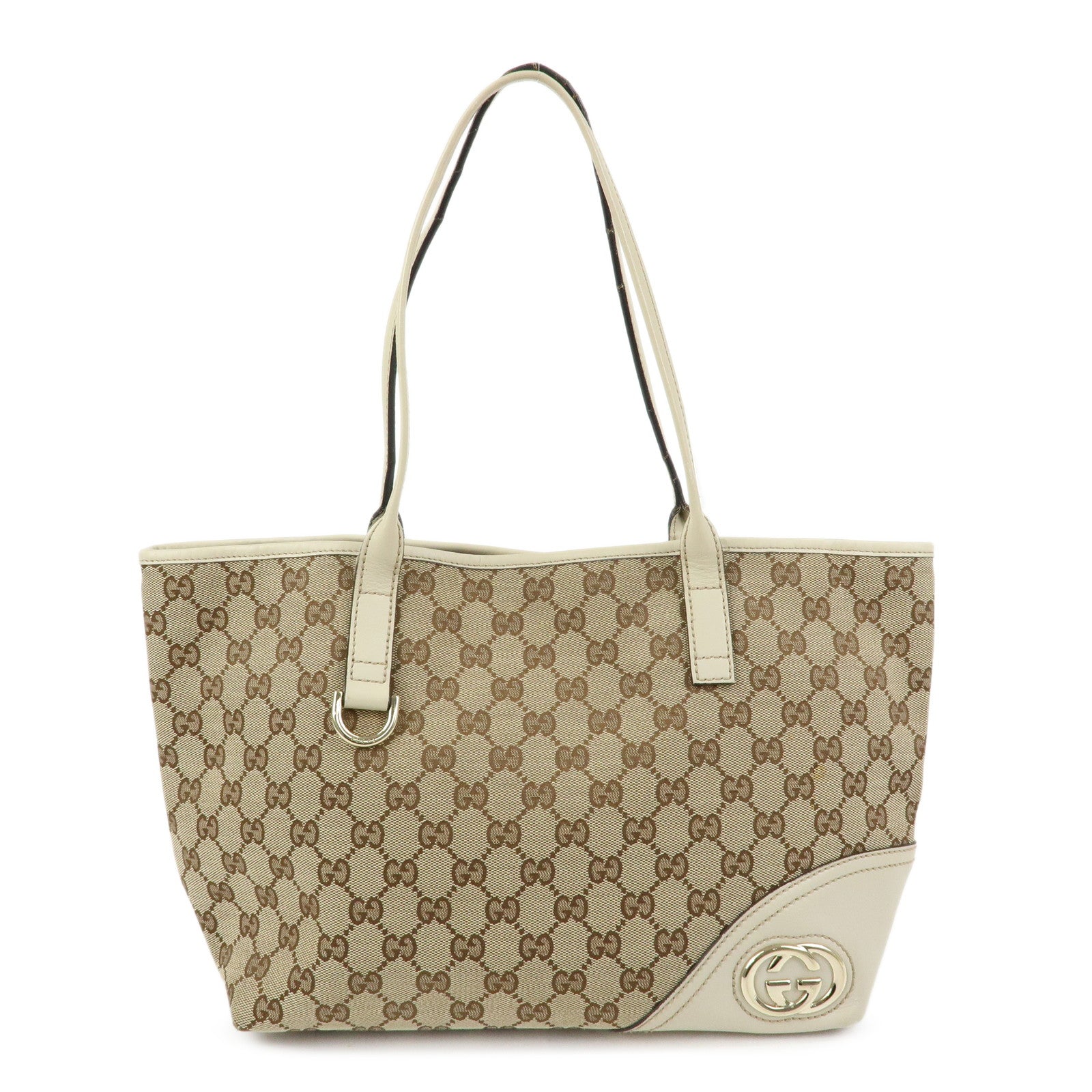 GUCCI Interlocking G GG Canvas Leather Tote Bag Beige White 169946