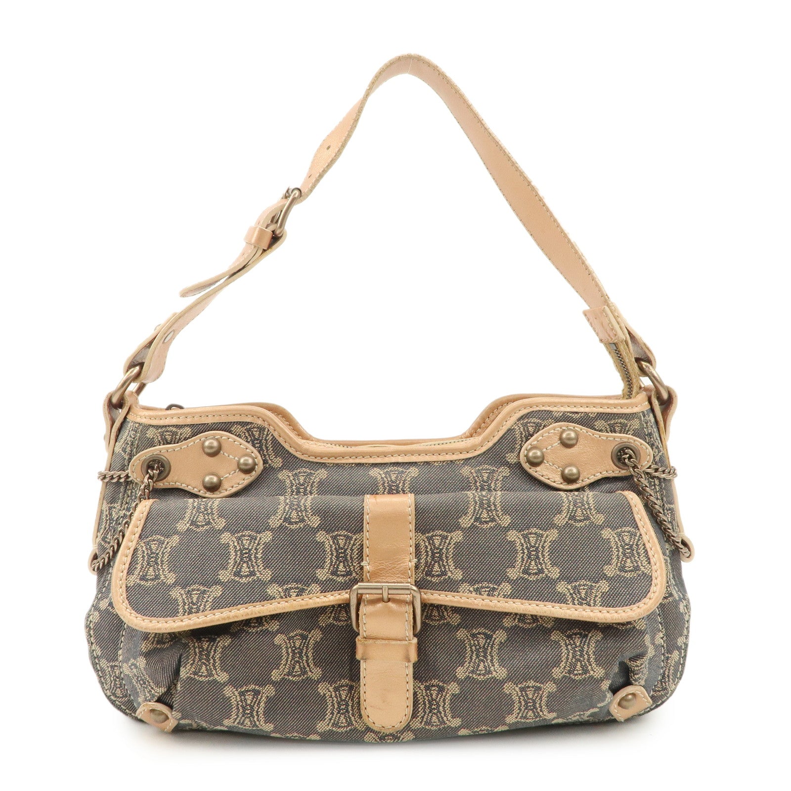 CELINE Macadam Leather Denim Shoulder Bag Hand Bag Beige Navy Used