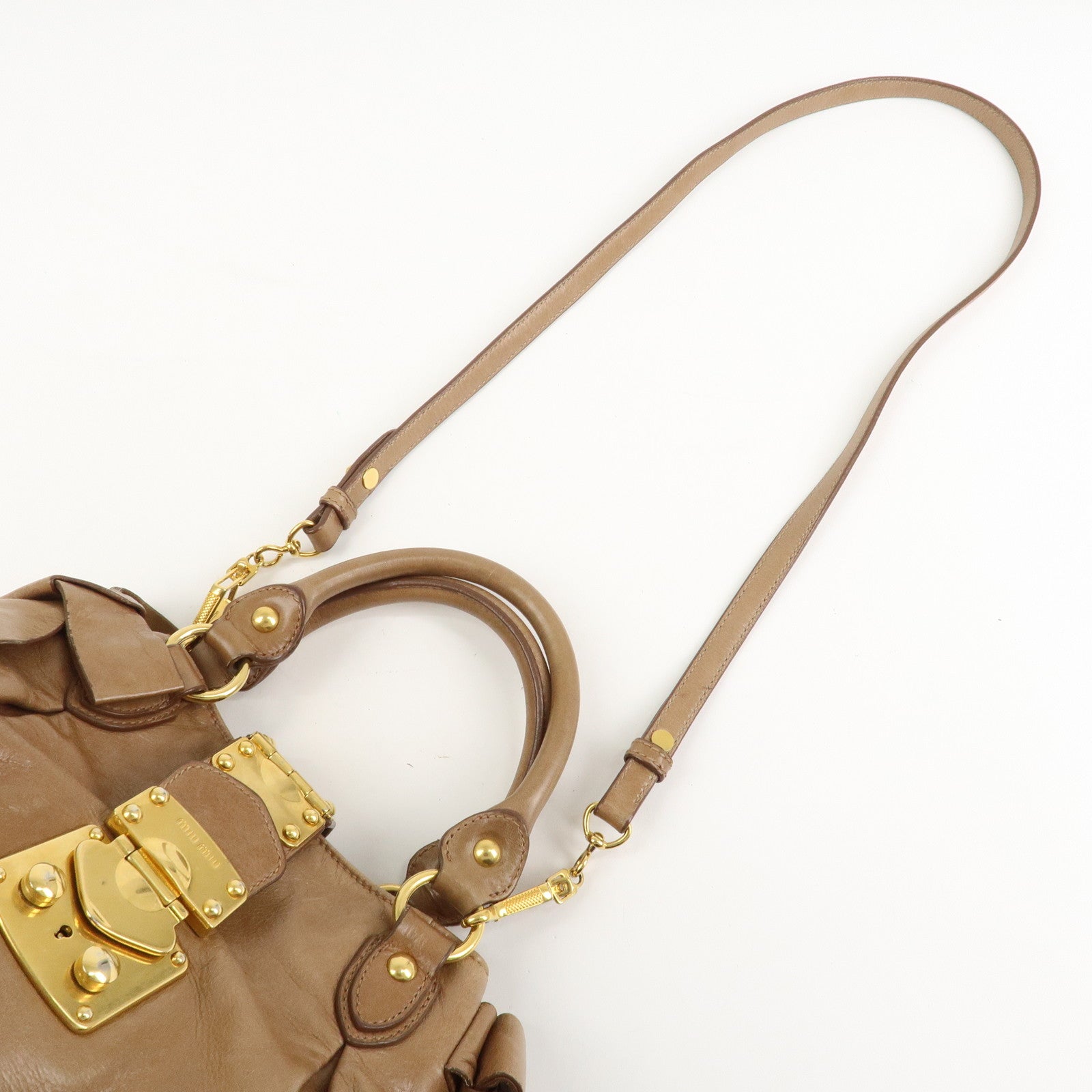 MIU MIU Leather Side Ribbon 2Way Bag Hand Bag Beige Gold