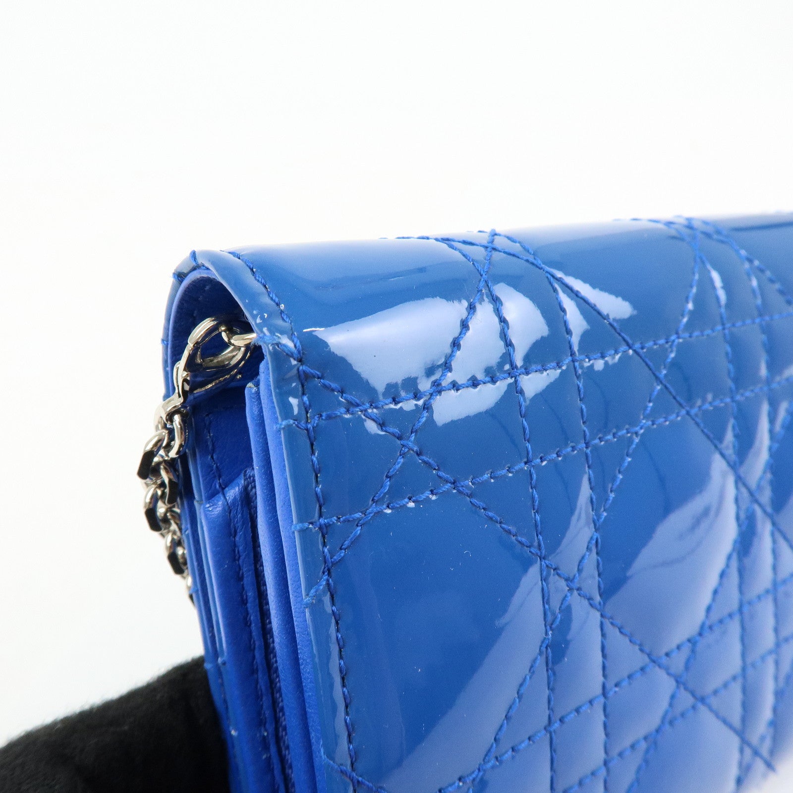 Christian Dior Cannage Patent Leather Chain Wallet WOC Blue Silver