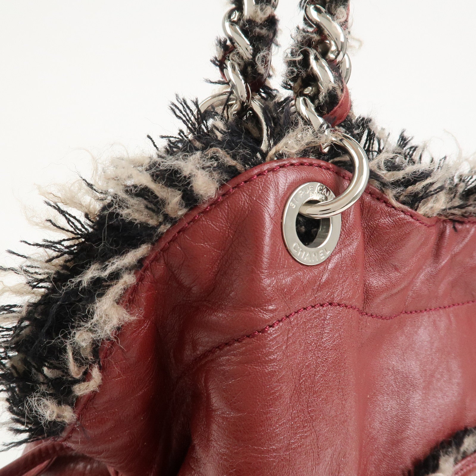 CHANEL Leather Tweed Chain Shoulder Tote Bag Bordeaux A49559