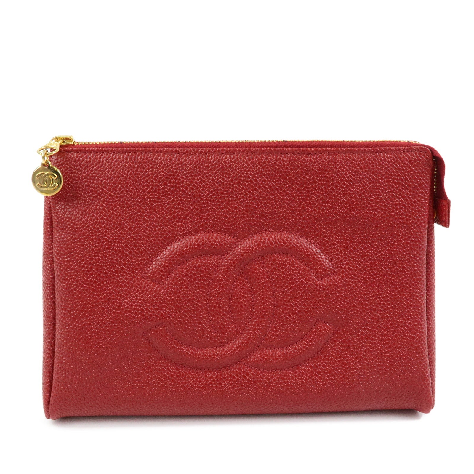 CHANEL COCO Mark Caviarskin Cosmetic Case Makeup Bag Pouch Red
